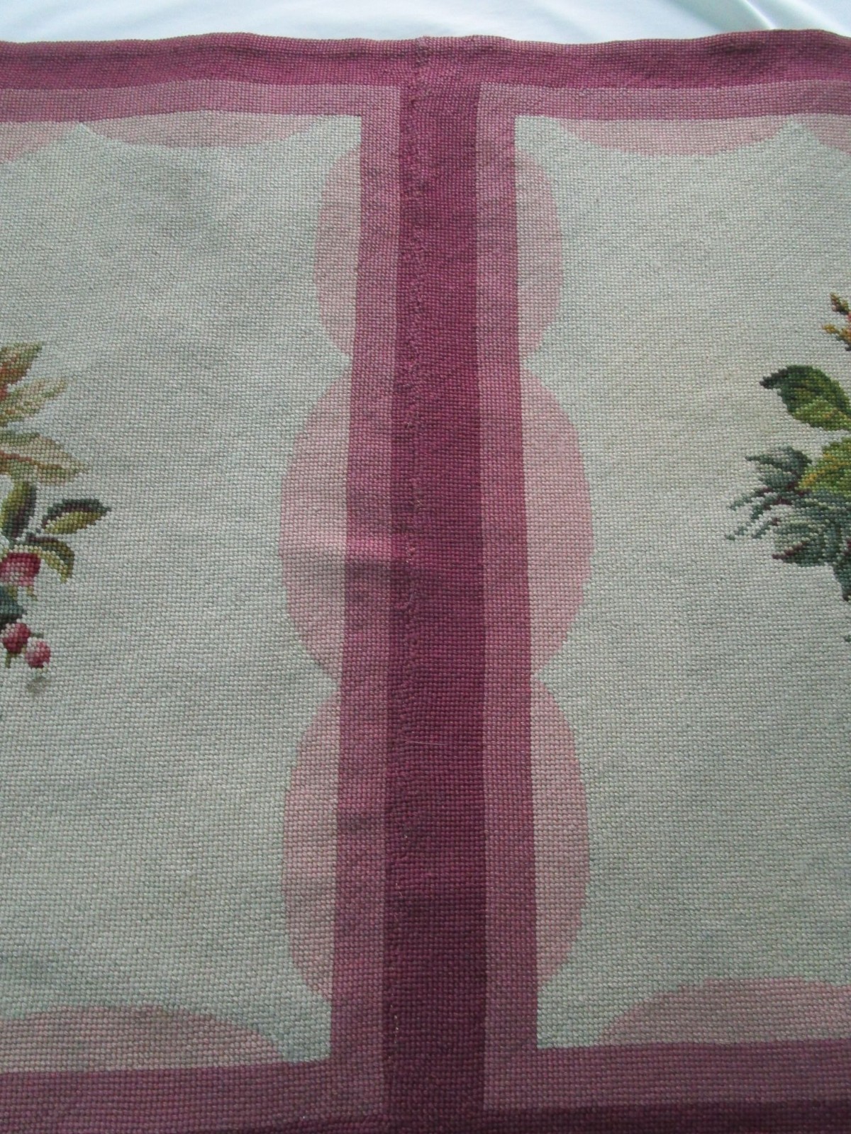 Vintage Floral Needlepoint Runner Rug Hand Crafted Pink Mauve GUC