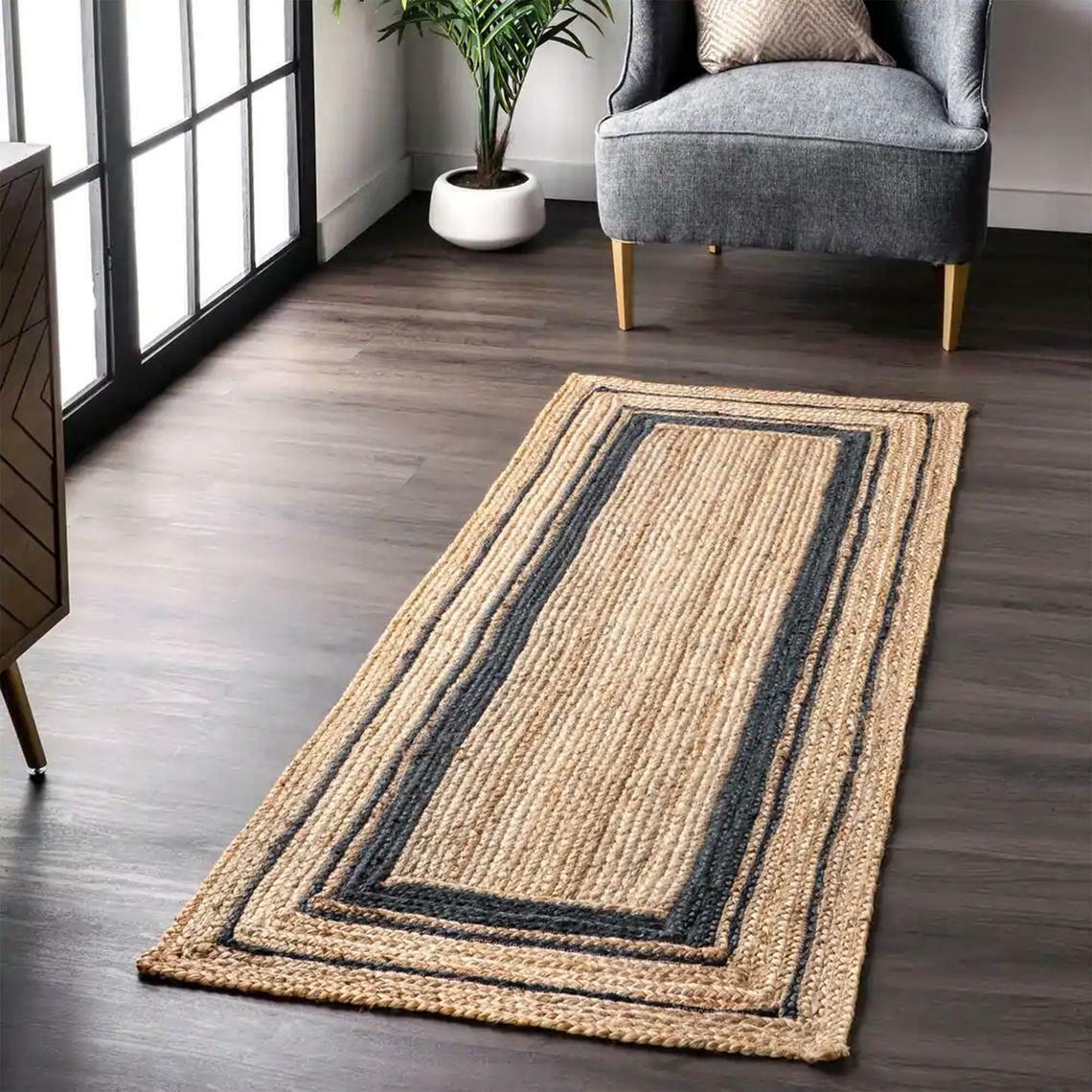 Runner carpet natural jute rug hand woven braided beige with black rug