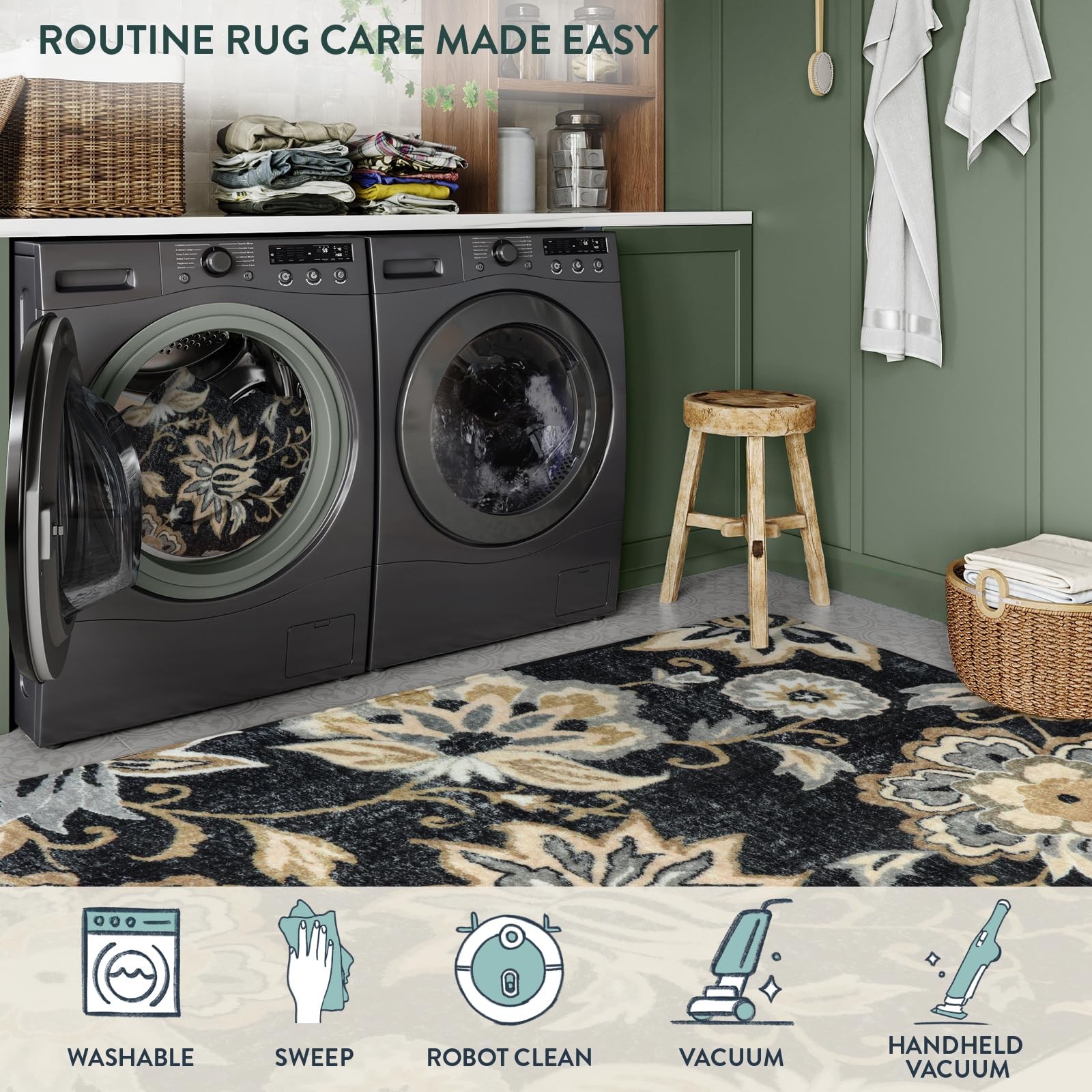 Floral Washable Area Rug 2×3 NonSlip Small Entryway Indoor Black Paisley