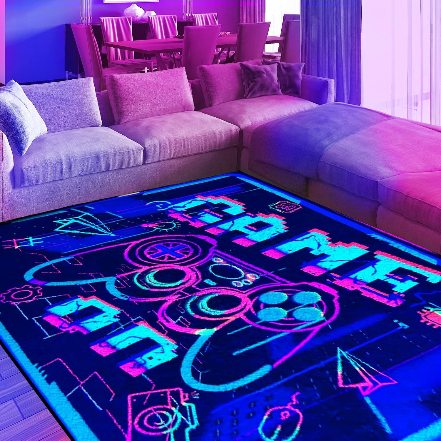 Neon Gaming Area Rug, 3D Blacklight Game Controller Carpet, Non-Slip UV Reactive