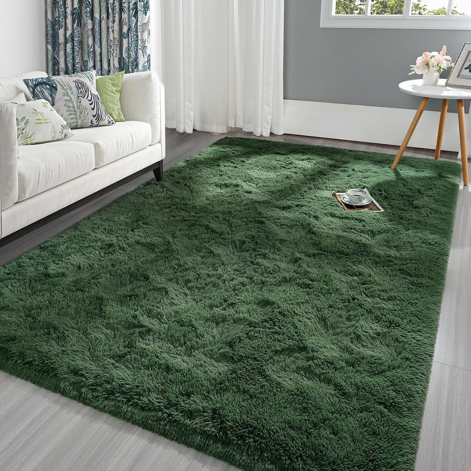 Fluffy Deep Green Area Rug for Bedroom Living Room, 3X5 Feet Super Soft Shaggy P