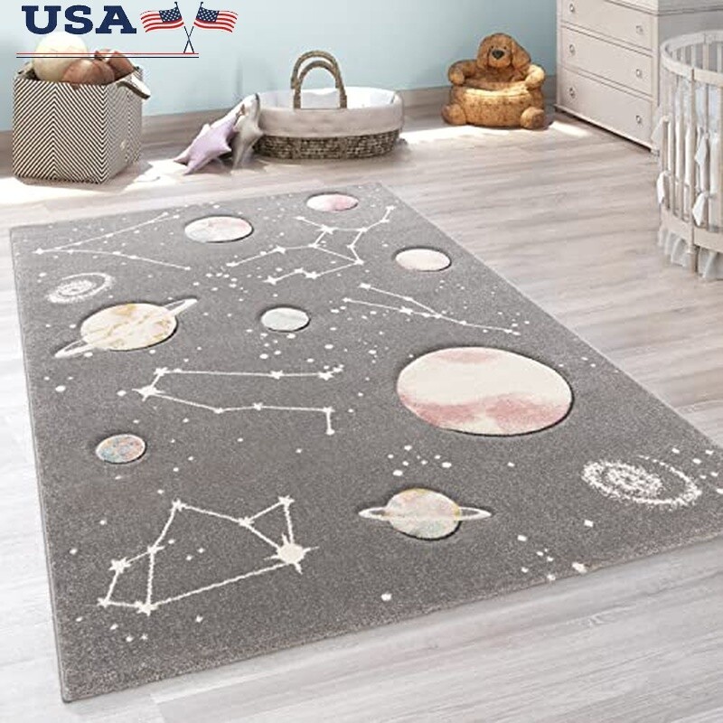 Kids Galaxy Play Area Rug Space Planets Durable Easy Clean Oeko-Tex Certified US