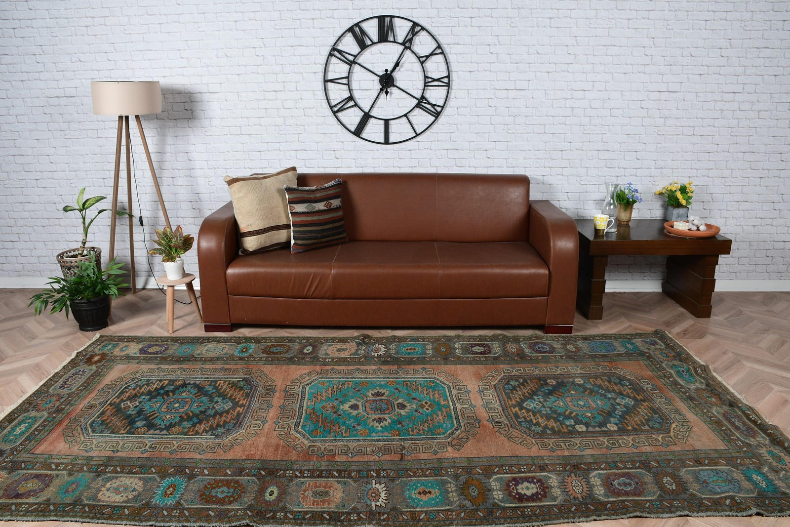 Turkish Large Rug 4,9×10,1 ft, Blue Brown Abstract Rug Wool