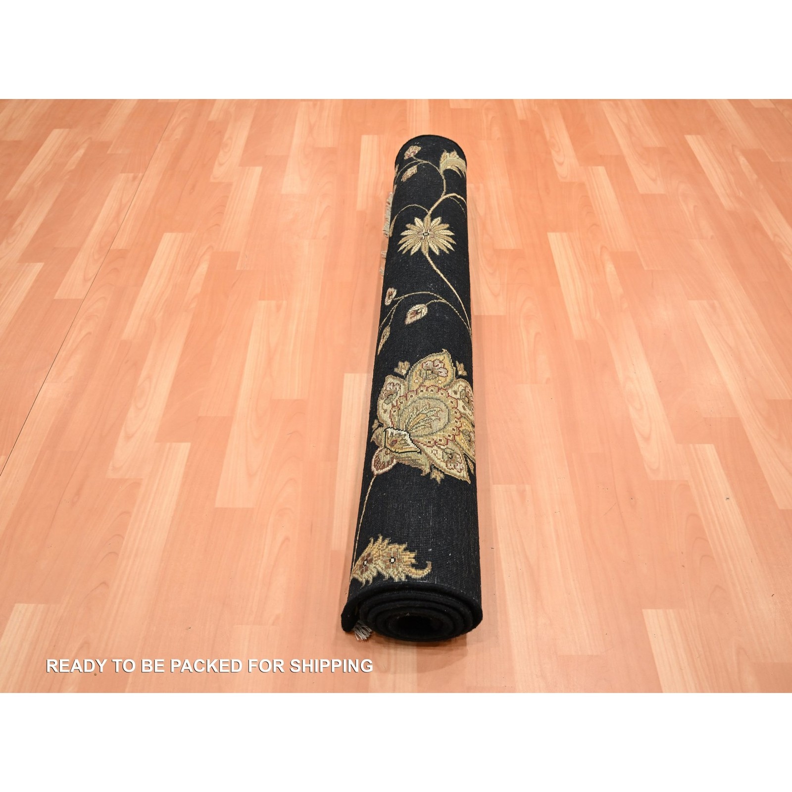 4’1″x6’1″ Black Wool and Silk Botanical Design Hand Knotted Oriental Rug R75608