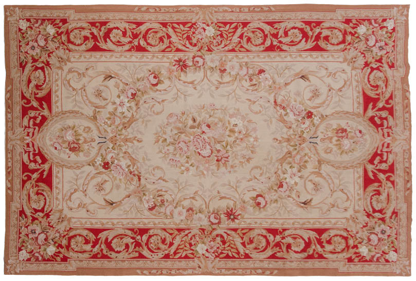 RRA 6×9 Fine Needlepoint French Aubusson Design Beige & Red Rug 14178