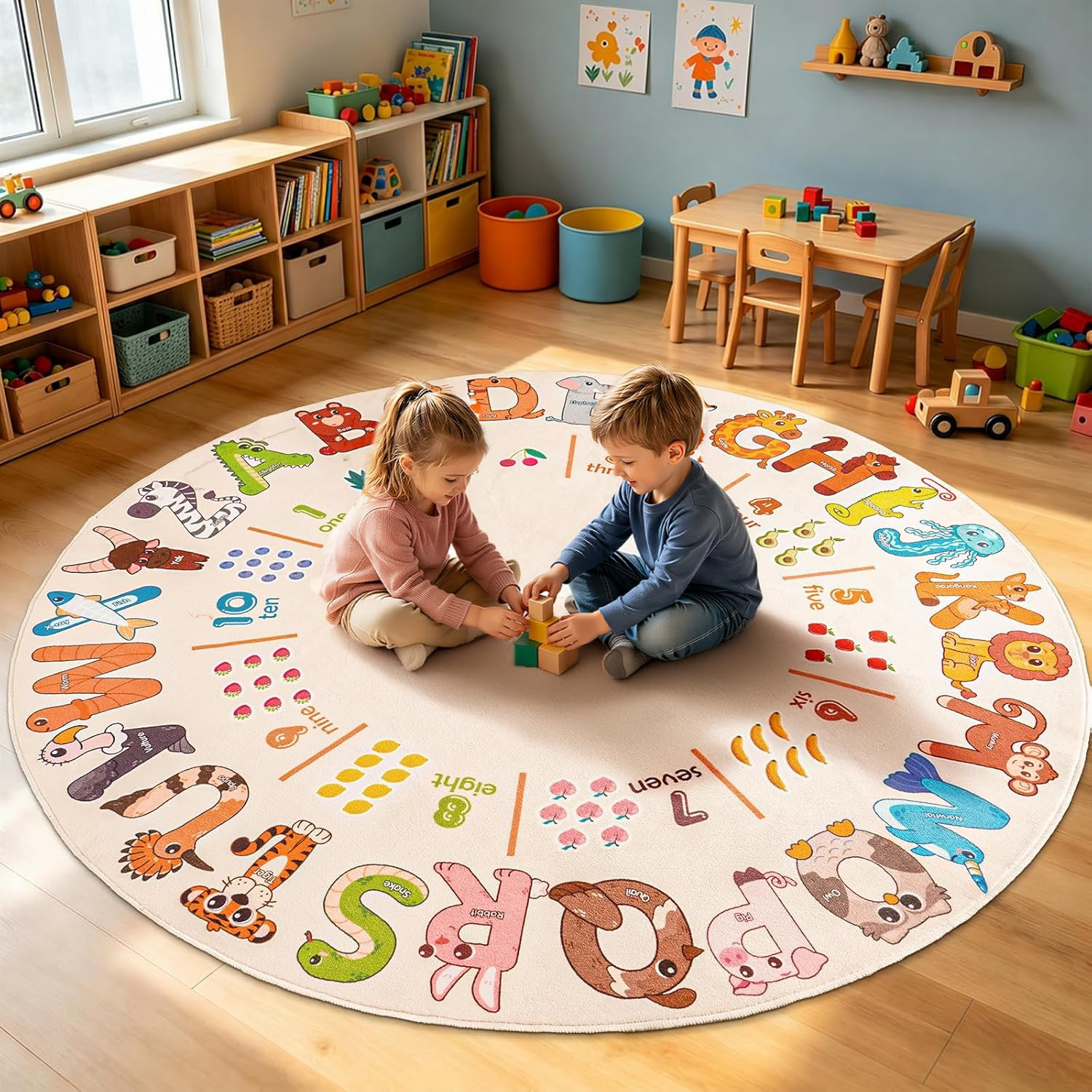 Rezutan ABC Round Kids Rug for Educational, 4 X 4 Feet Alphabet Small Classroom