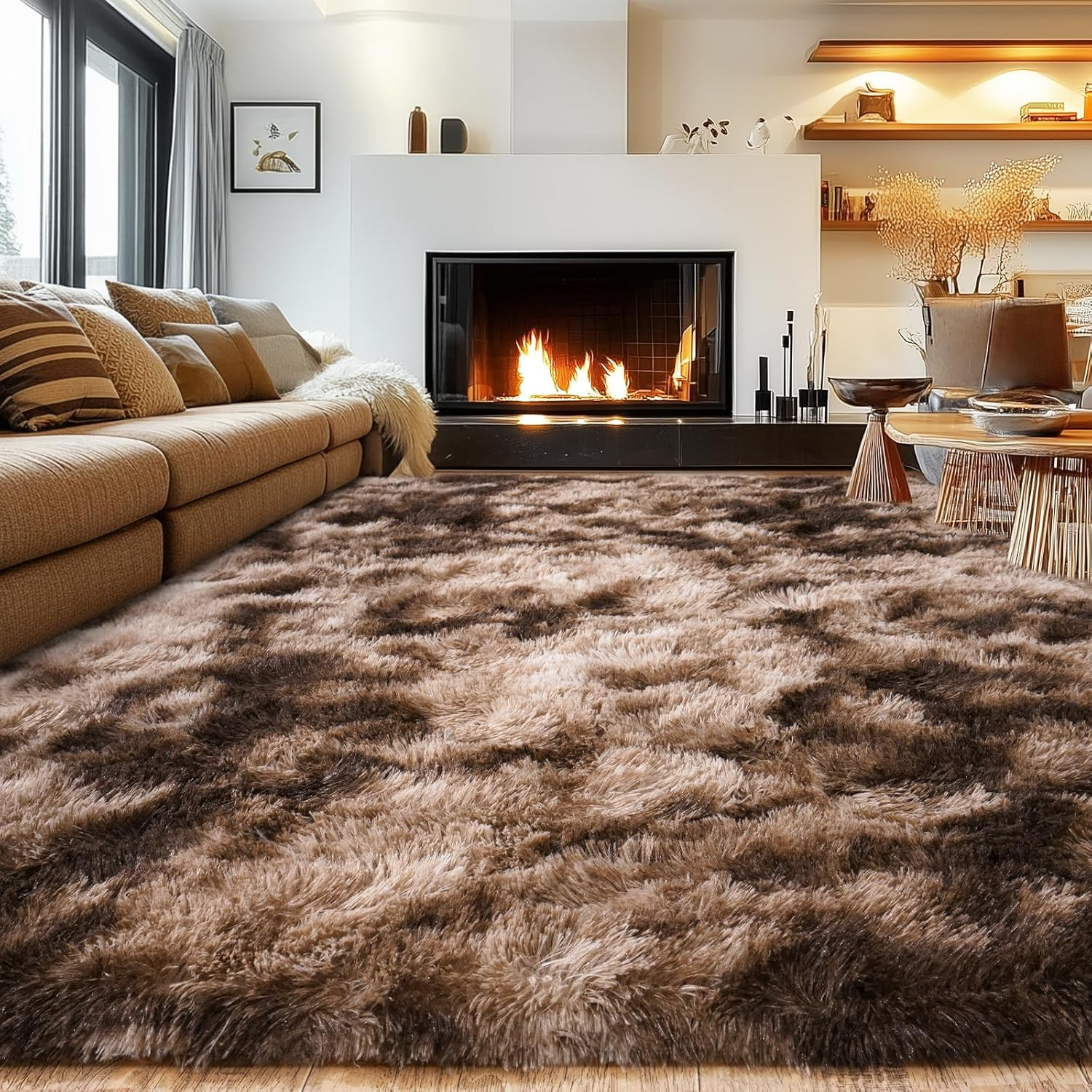 Extra Large Fluffy 9×12 Area Rug – Modern Dark Coffee Non-Slip Carpet