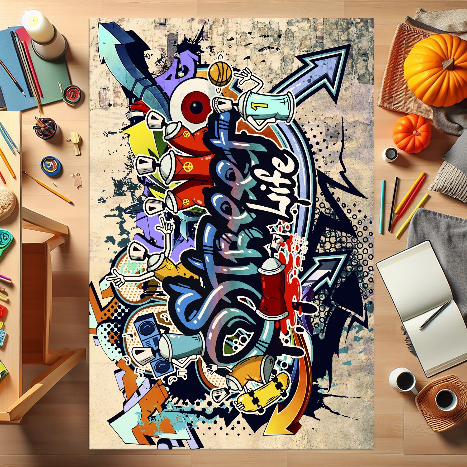 Graffiti Rug, Colorful Graffiti Rug, Street Life Rug, Living Room Rug, Teen Room