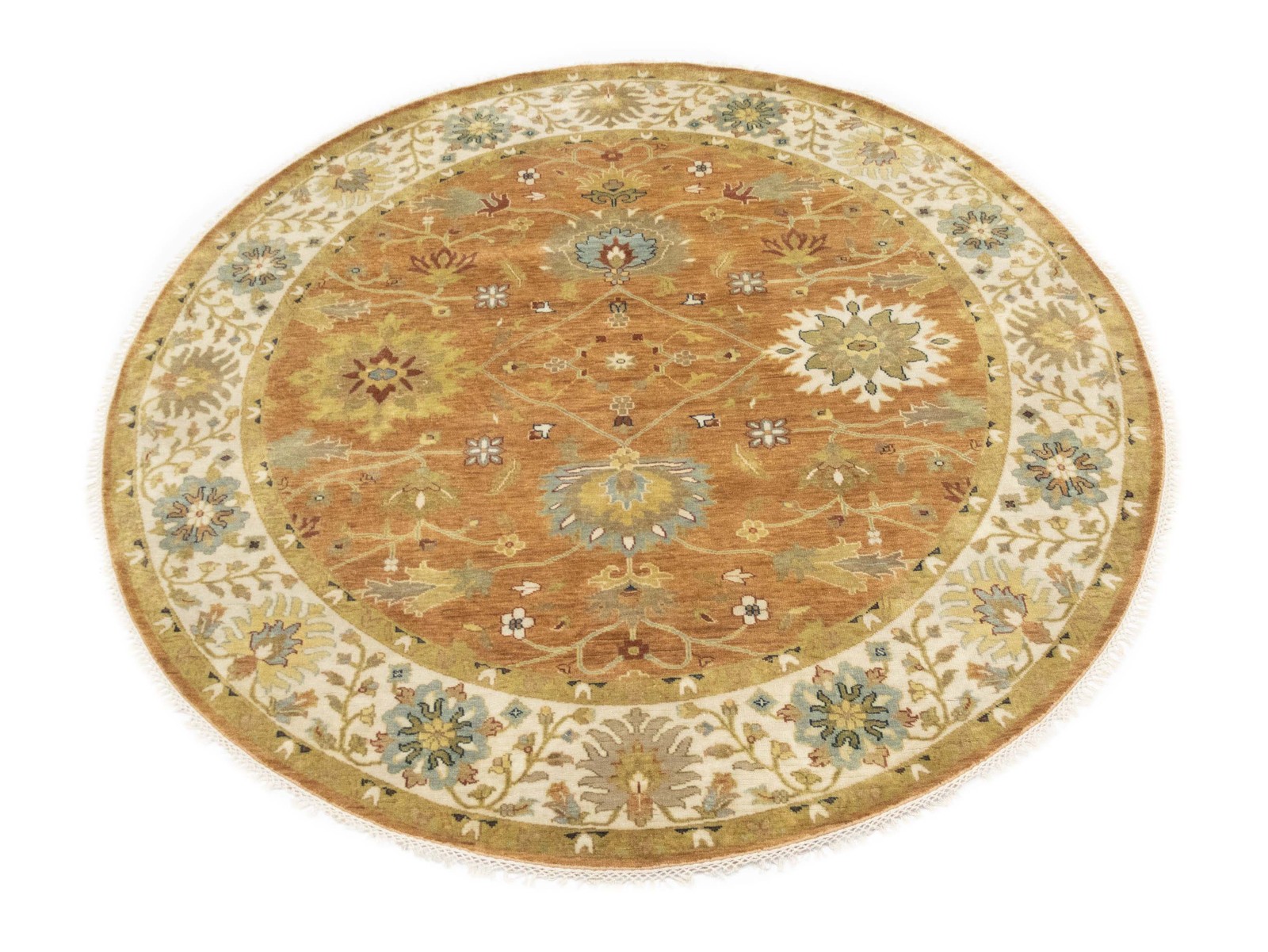 8×8 ft Rust Oushak Wool Round Rug Floral Design Carpet Home Decor
