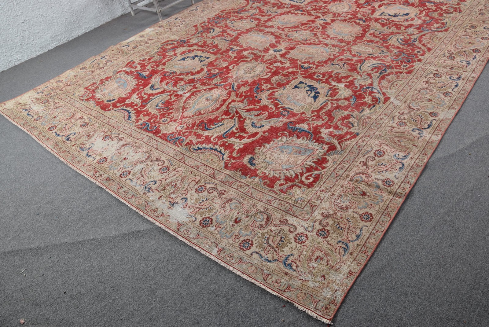 9,4×13,4 ft Turkish Rug, Vintage Oversize Rug, Red Blue Oriental Wool Rug