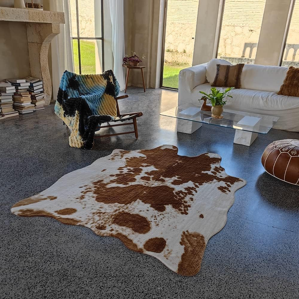 Premium Brown Cowhide Rug 4.6×6.6 Ft for Living Room & Bedroom Decor