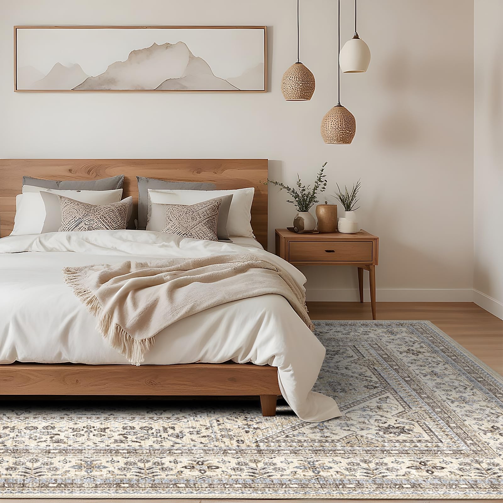 Puino 10×14 Washable Vintage Rug: 10′ x 14′ (Rectangular), Beige/Gray