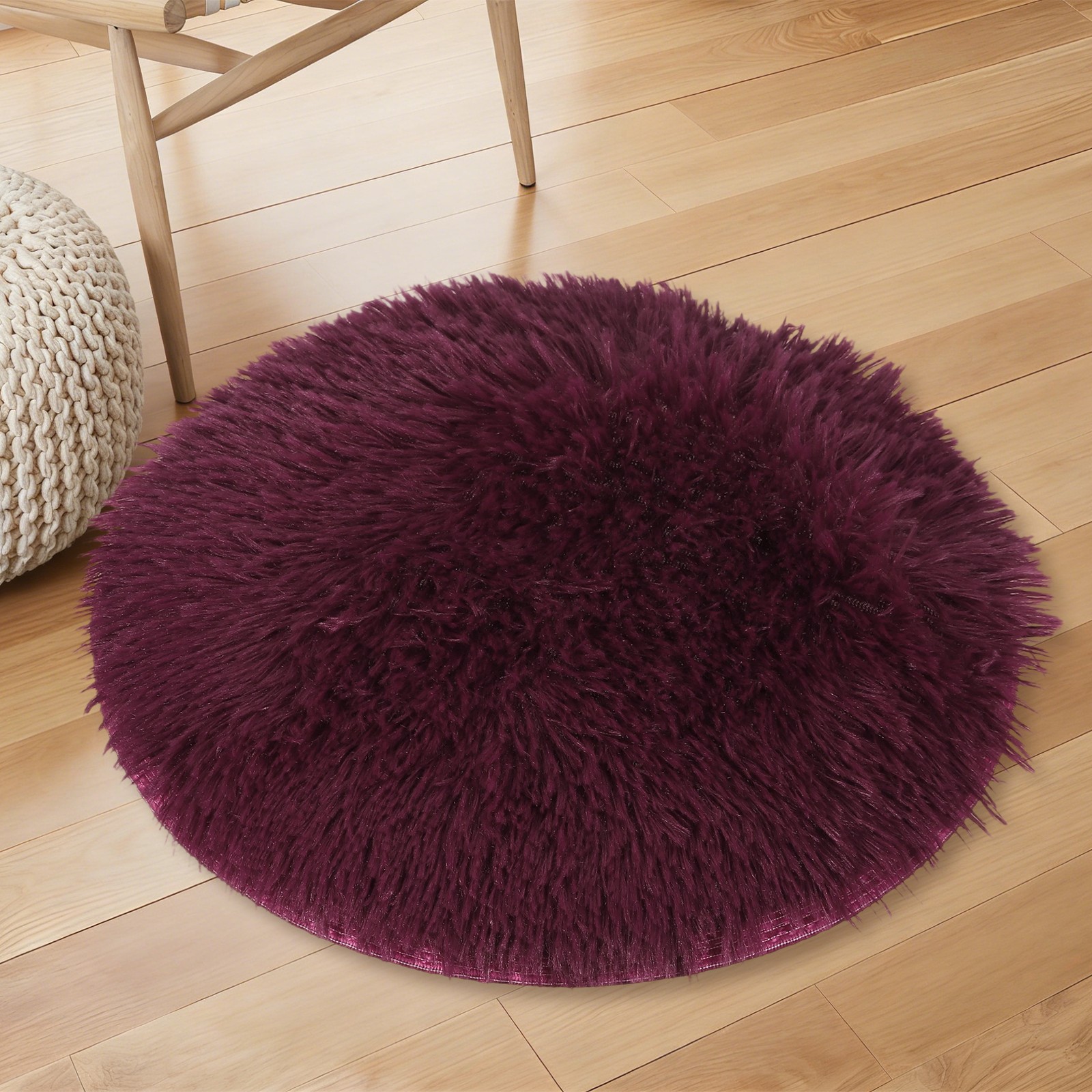 Round Rugs for Bedroom, 2 ft Circle Area Rug, Round Fluffy Carpet, Burgundy