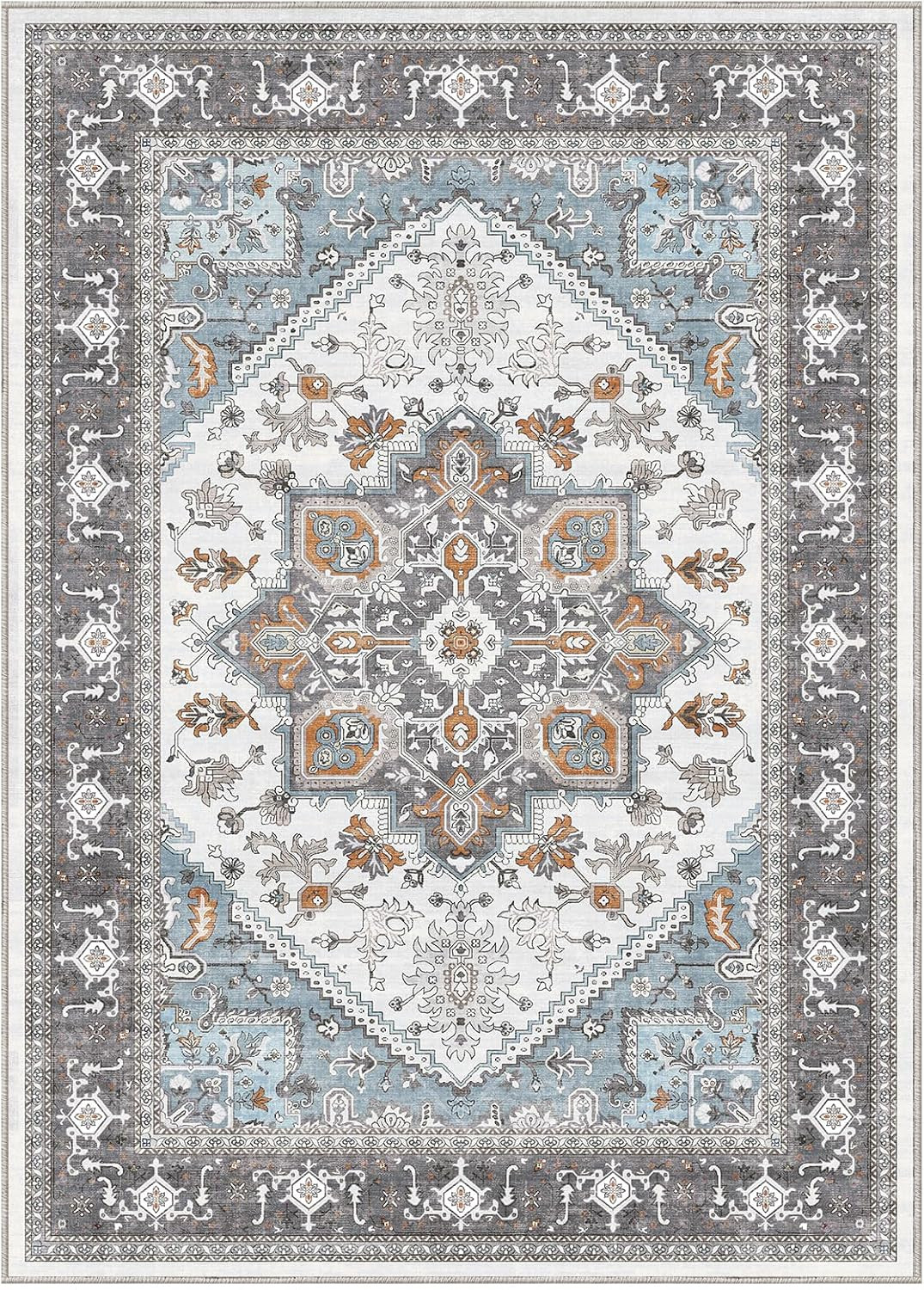 Stylish 8X10 Washable Area Rug with Non-Slip Backing in Grey, Teal & Yellow