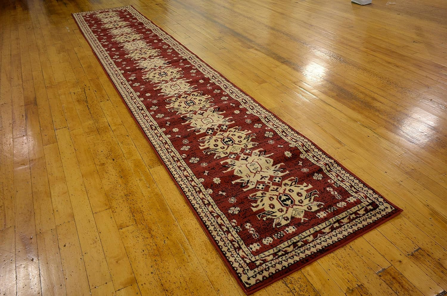 Geometric Tribal Area Rug Runner – Taftan Collection, Red/Gold, 2′ 11″ x 16′ 5