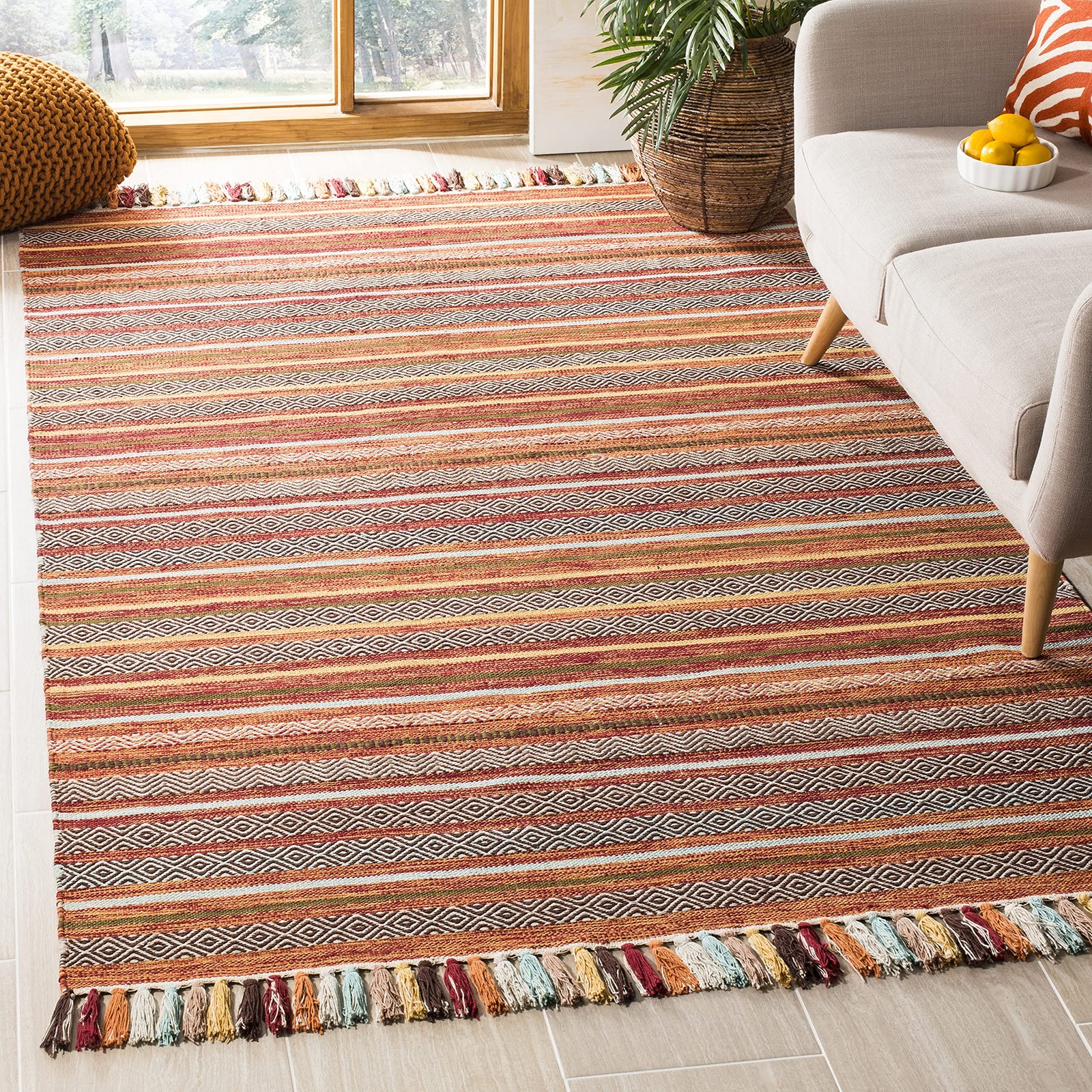 Montauk Collection Area Rug – 5′ x 8′, Rust & Multi, Handmade Boho Stripe Fri…