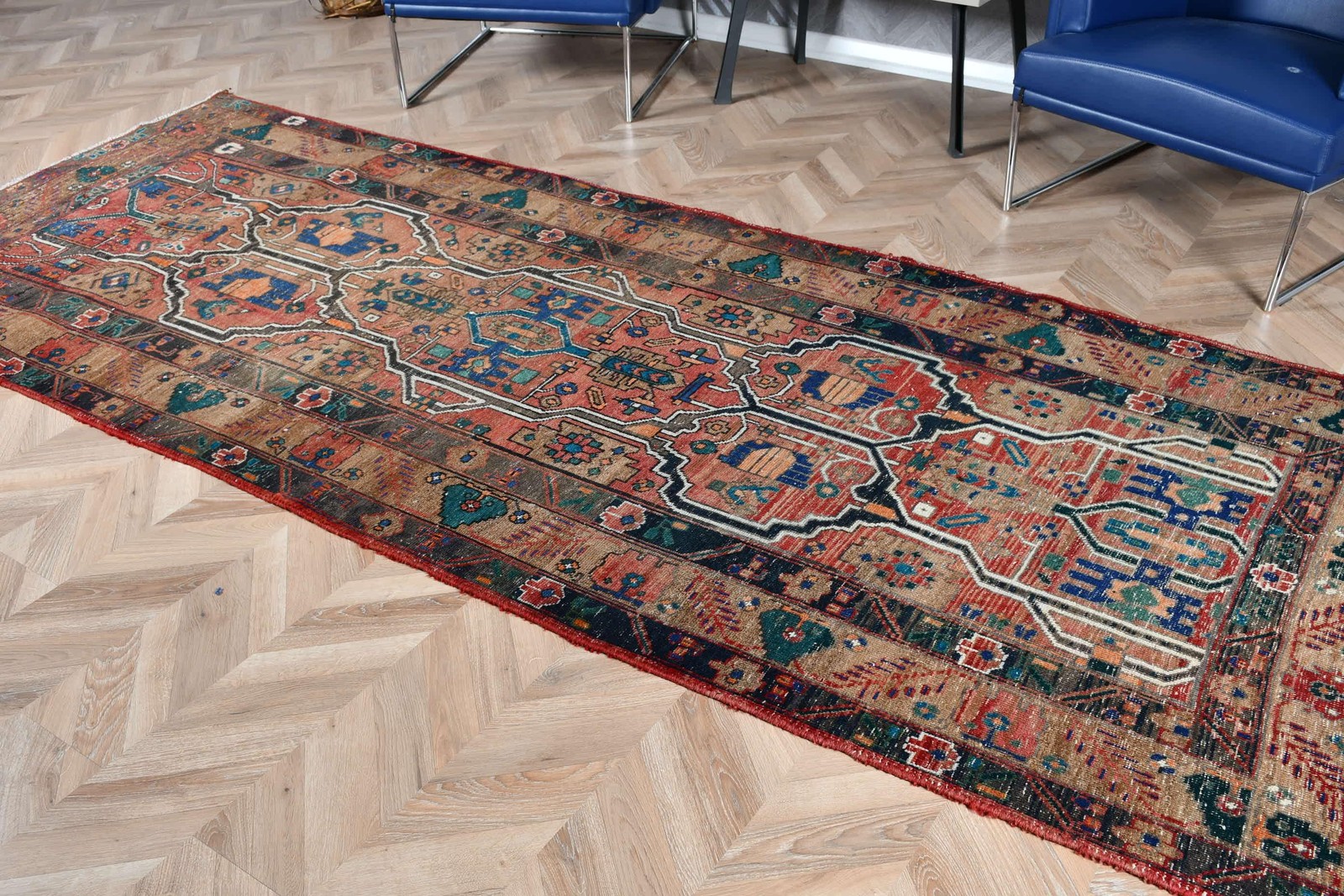 4,5×10,9 ft Turkish Rug, Red Abstract Vintage Rug Wool
