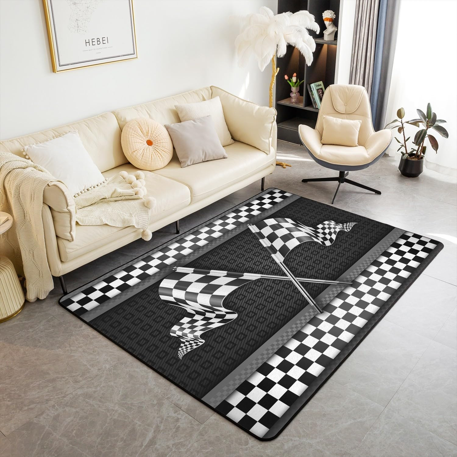 Race Car Themed Rug 5X6’6”,Black White Checkered Flag Print Decor Non Shedding