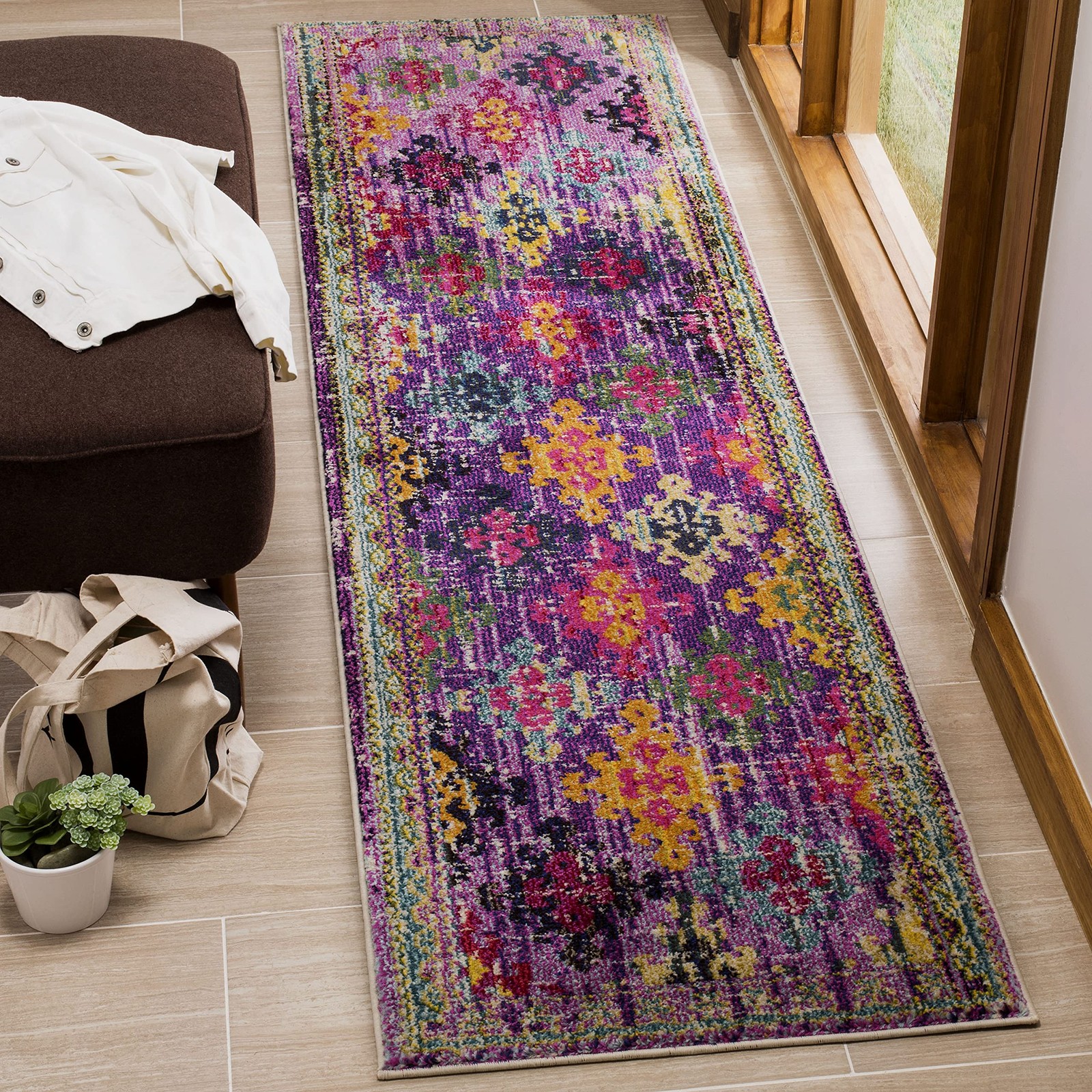 Monaco Collection Runner Rug – 2’2″ x 8′, Purple & Multi, Boho Diamond Trelli…