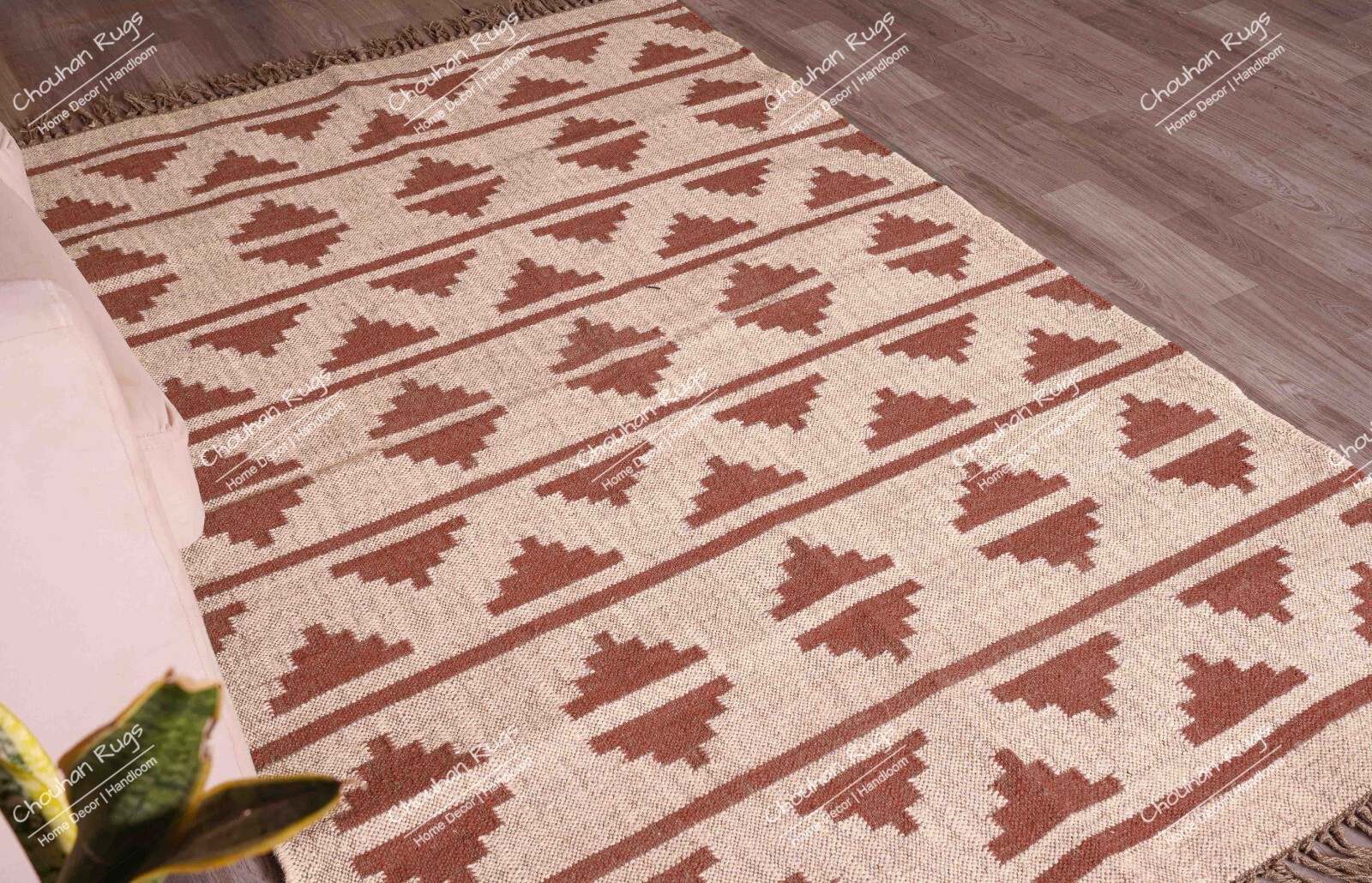 Handmade Boho Wool Jute Kilim Rug, Off White With Brown Design, Fringes Jute Rug