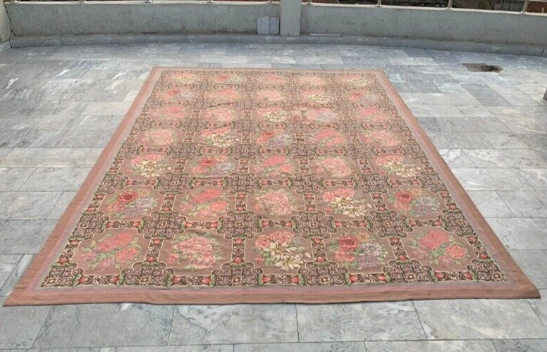 Vintage French Style Aubusson Rug Needlepoint Handmade Rug 9×12 ft Free Ship