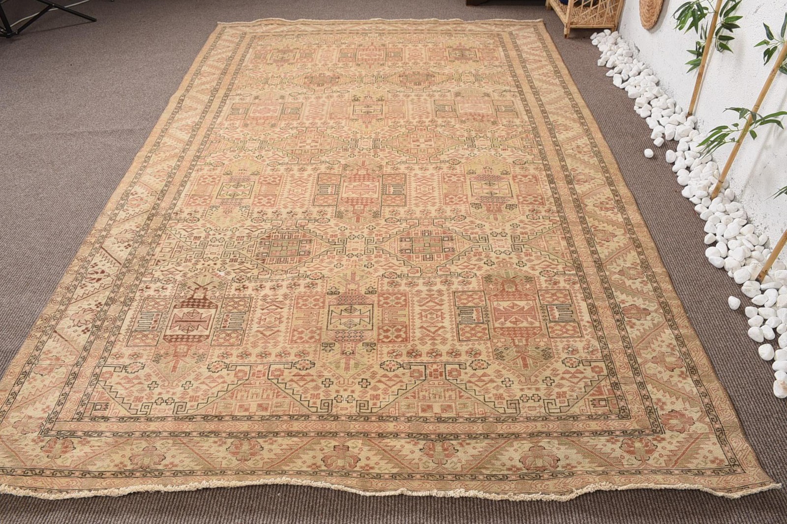 Turkish Vintage Rug, 6,3×9,7 ft Rug, Beige Ikat Wool Rug
