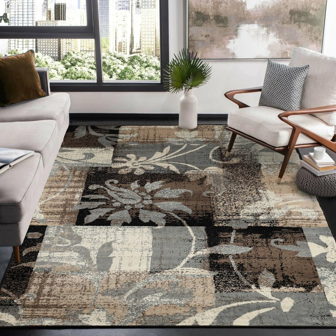 Beige Indoor Area Rug, Jute Backed, Modern Floral Patchwork, 3′ x 5
