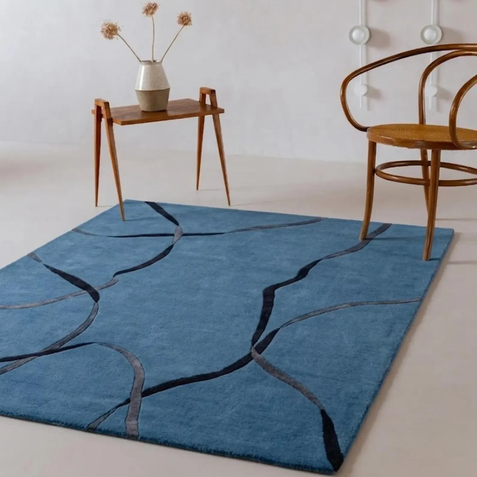 Modern Blue Abstract Rug – Hand Tufted Wool Area Rug, Minimalist Organic Line