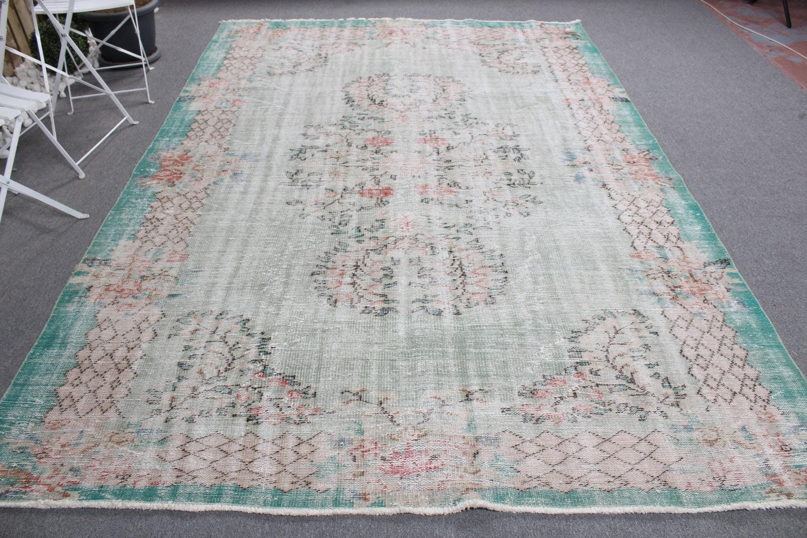 Vintage Turkish Rug 7,1×10,2 ft, Green Plants & trees Rug
