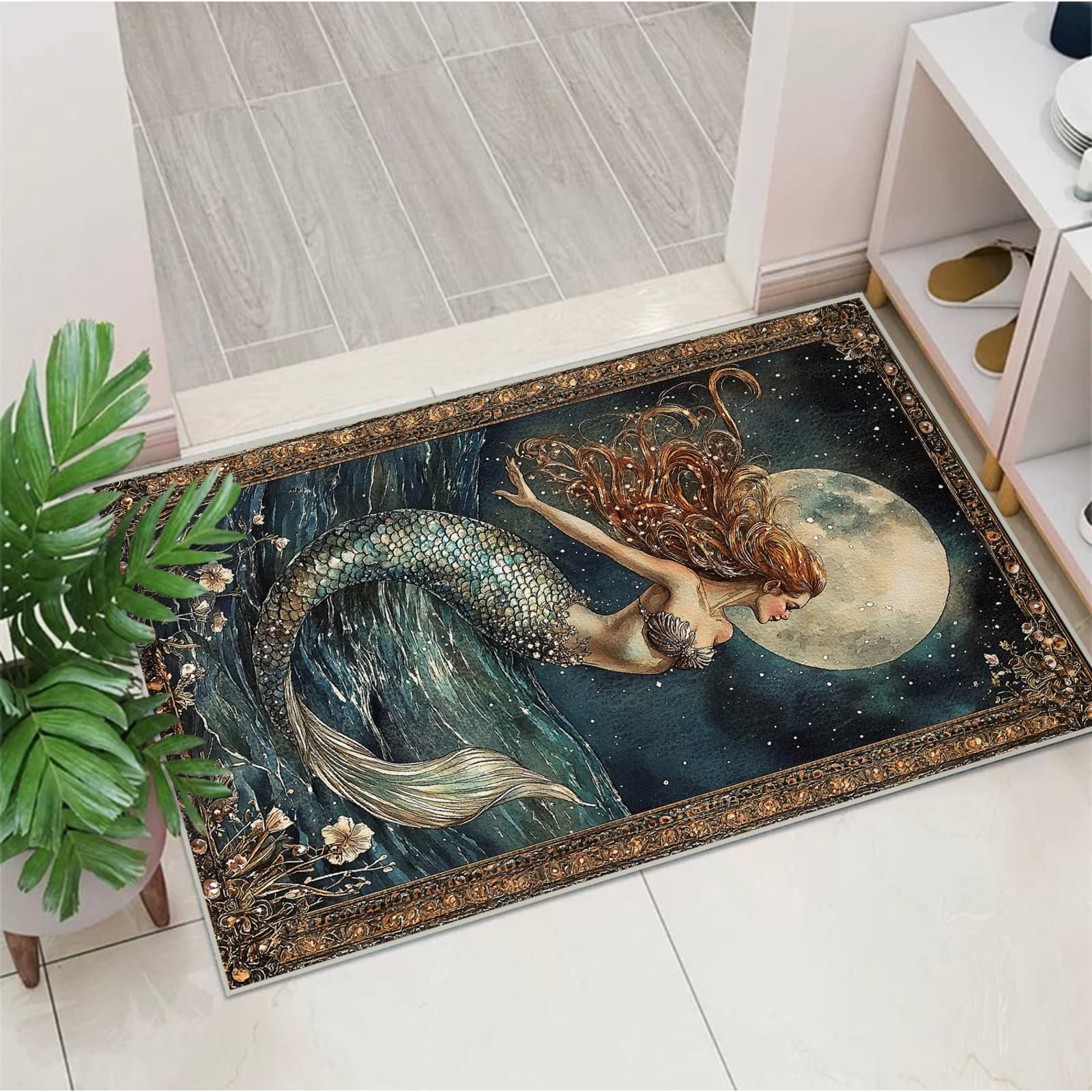 2×3 Ocean Mermaid Area Rugs Boho Mermaid Moon Vintage Rug for Bathroom Kitche…