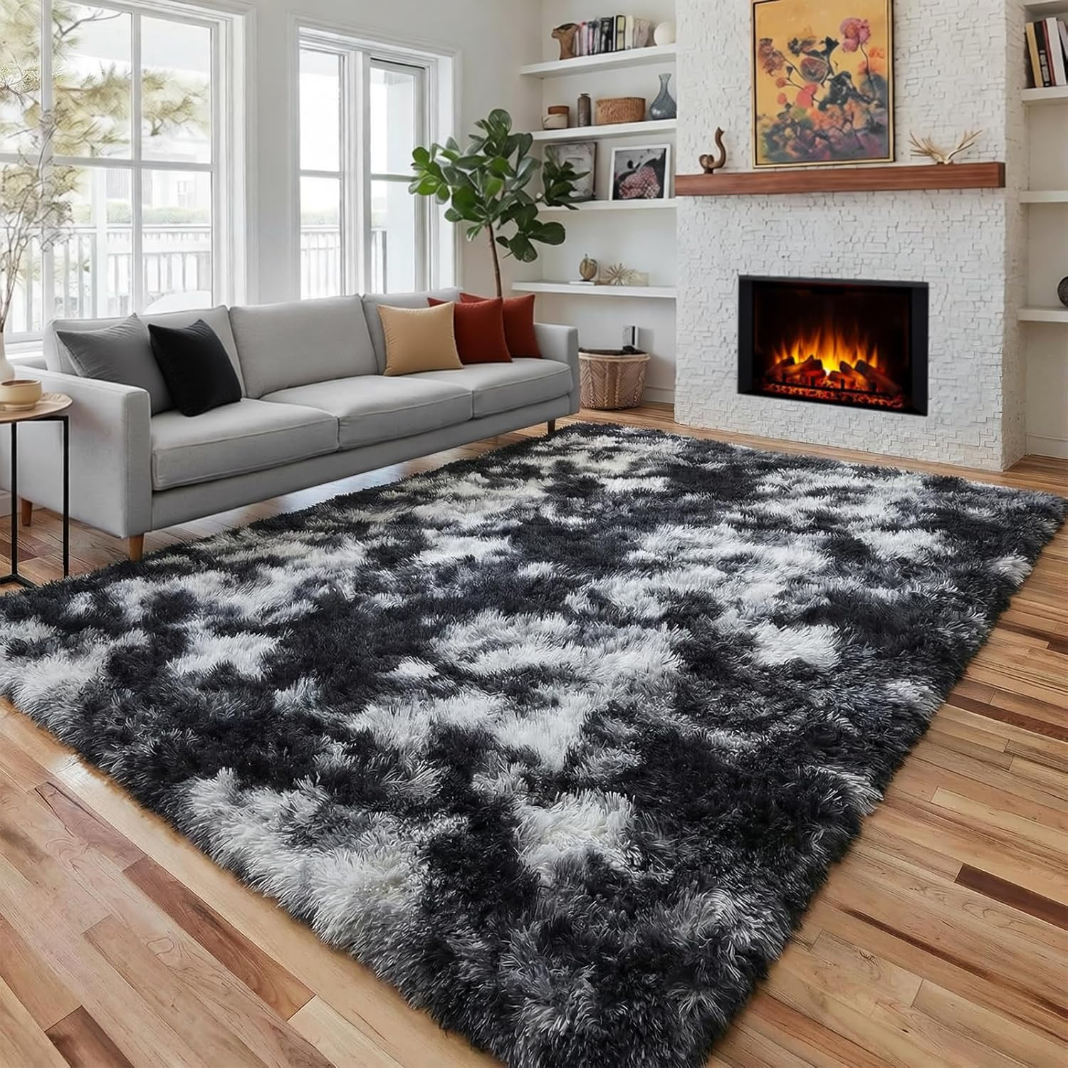Black White Grey Bedroom Rugs 4X6 Ft, Soft Fluffy Fuzzy Plush Indoor