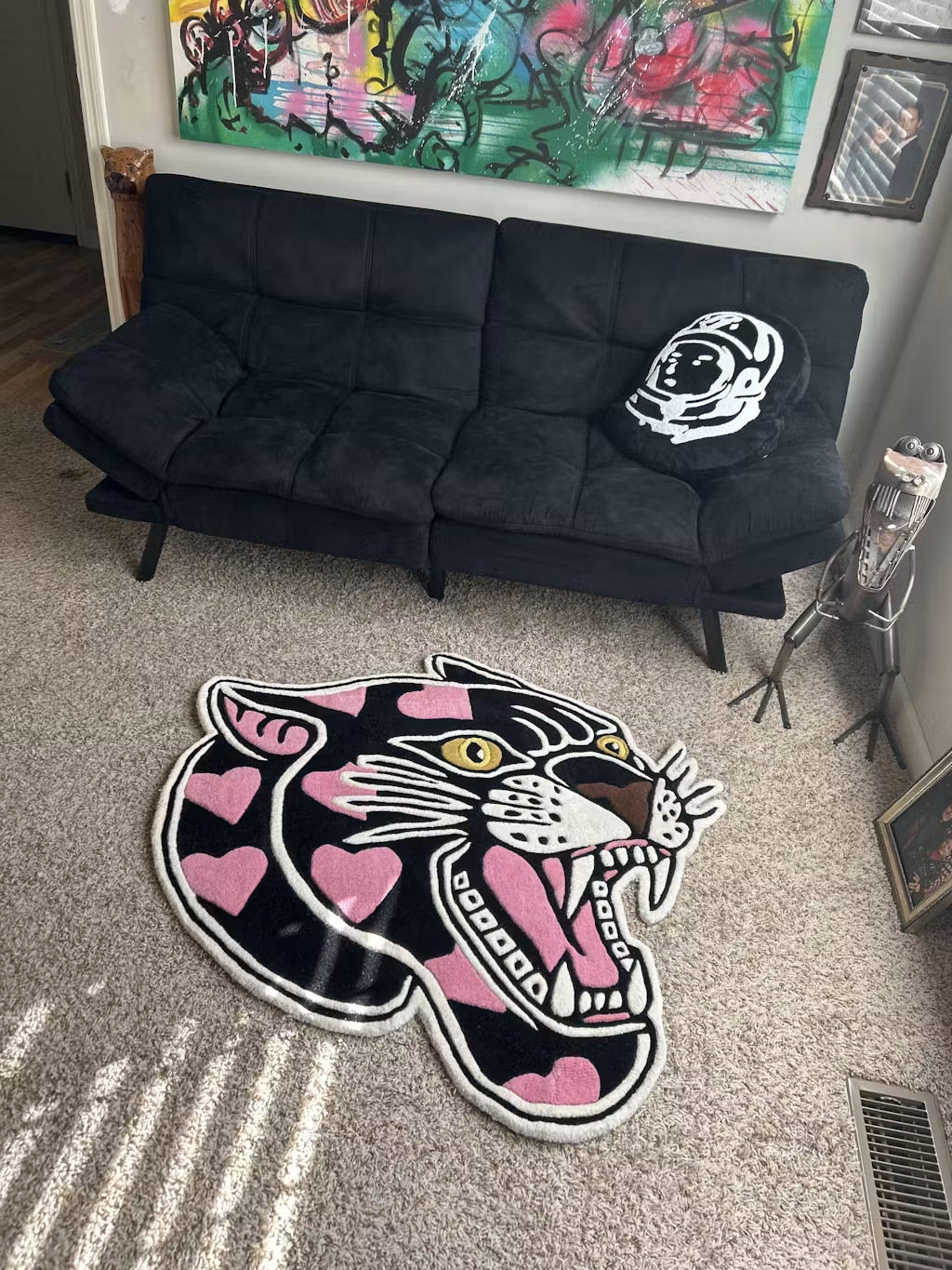 Pink Panther Tufted Rug Handmade Black Panther Area Rug Tattoo Style Decor