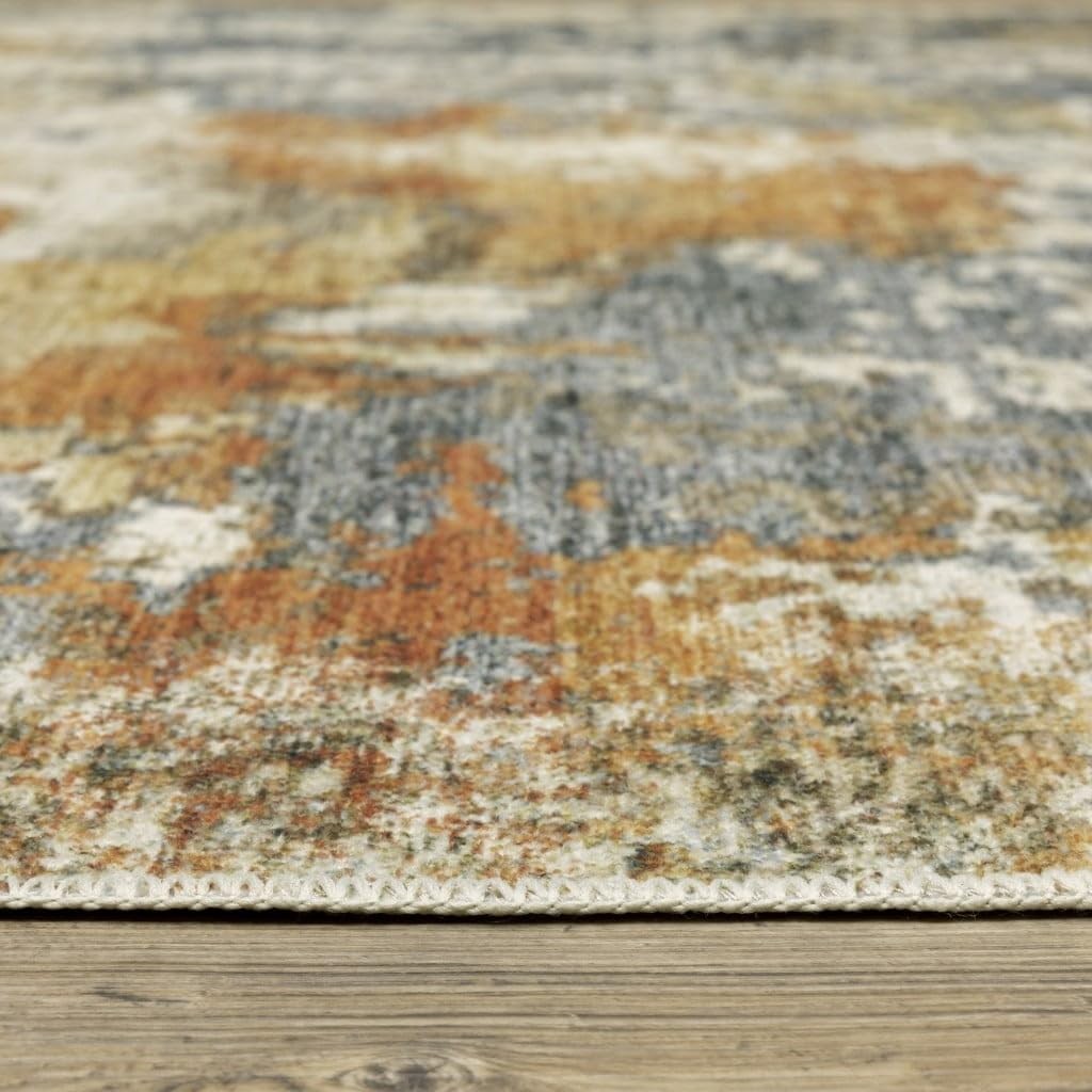 2′ X 3′ Teal Blue Orange Gold Grey Tan Brown And Beige Abstract Printed Stain