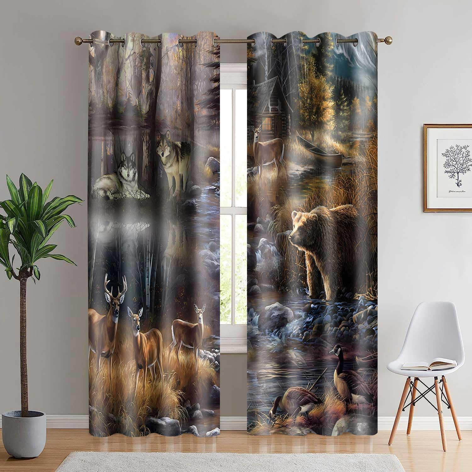 Wildlife Blackout Curtains – Rustic Lodge Bear, Wolf, Elk & Duck 2 Panel 52×84