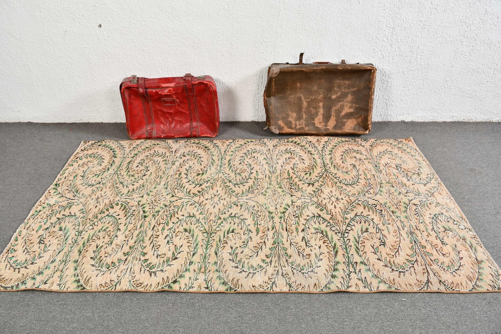 Vintage Turkish Rug, 4,3×7,4 ft Area Rug, Green Brown Patchwork Rug