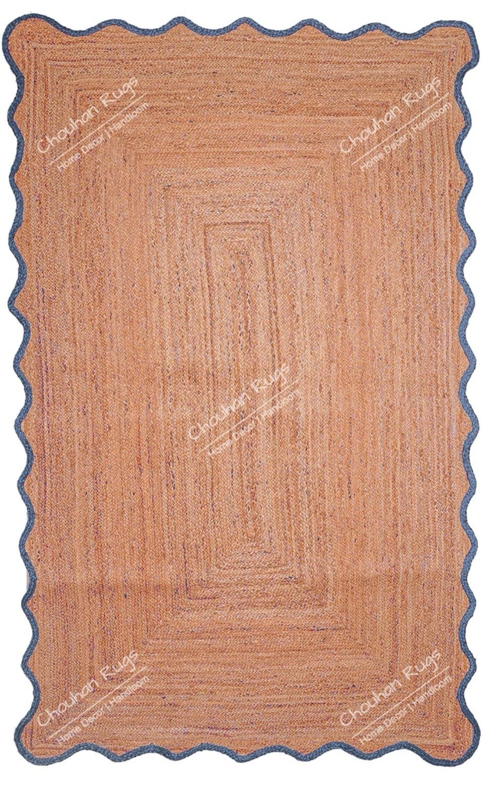 Natural Jute Scalloped Area Rug Handwoven Boho Indoor Farmhouse Blue 3×5 (2171)