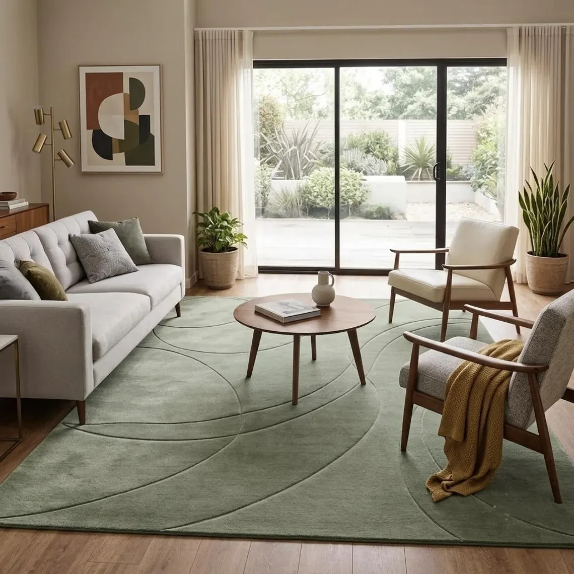Sage Green Wool Area Rug – Hand Tufted Modern Abstract for Living Room Carpet