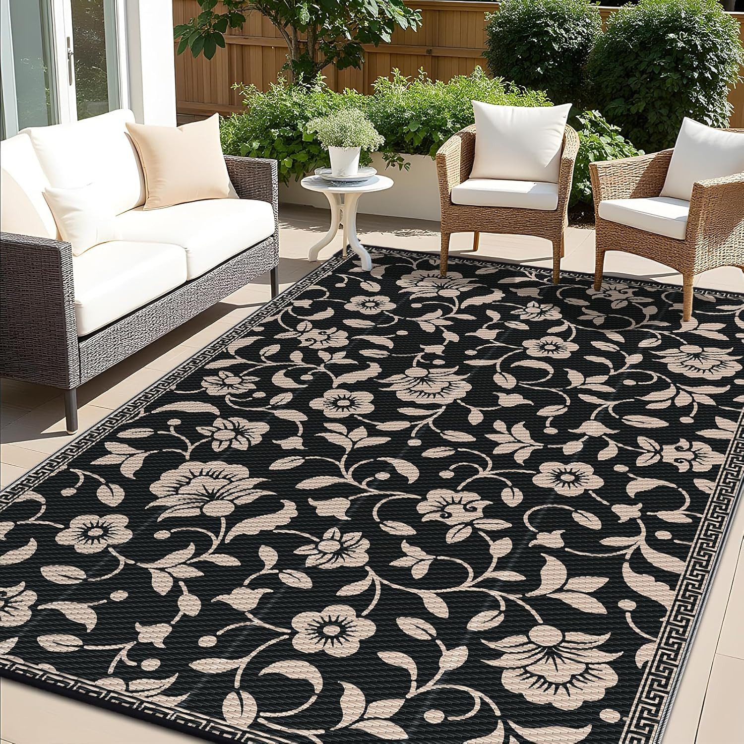 Waterproof Outdoor Rug 6X9 Ft, Outdoor Plastic Straw Rug with Flower Pattern, Re