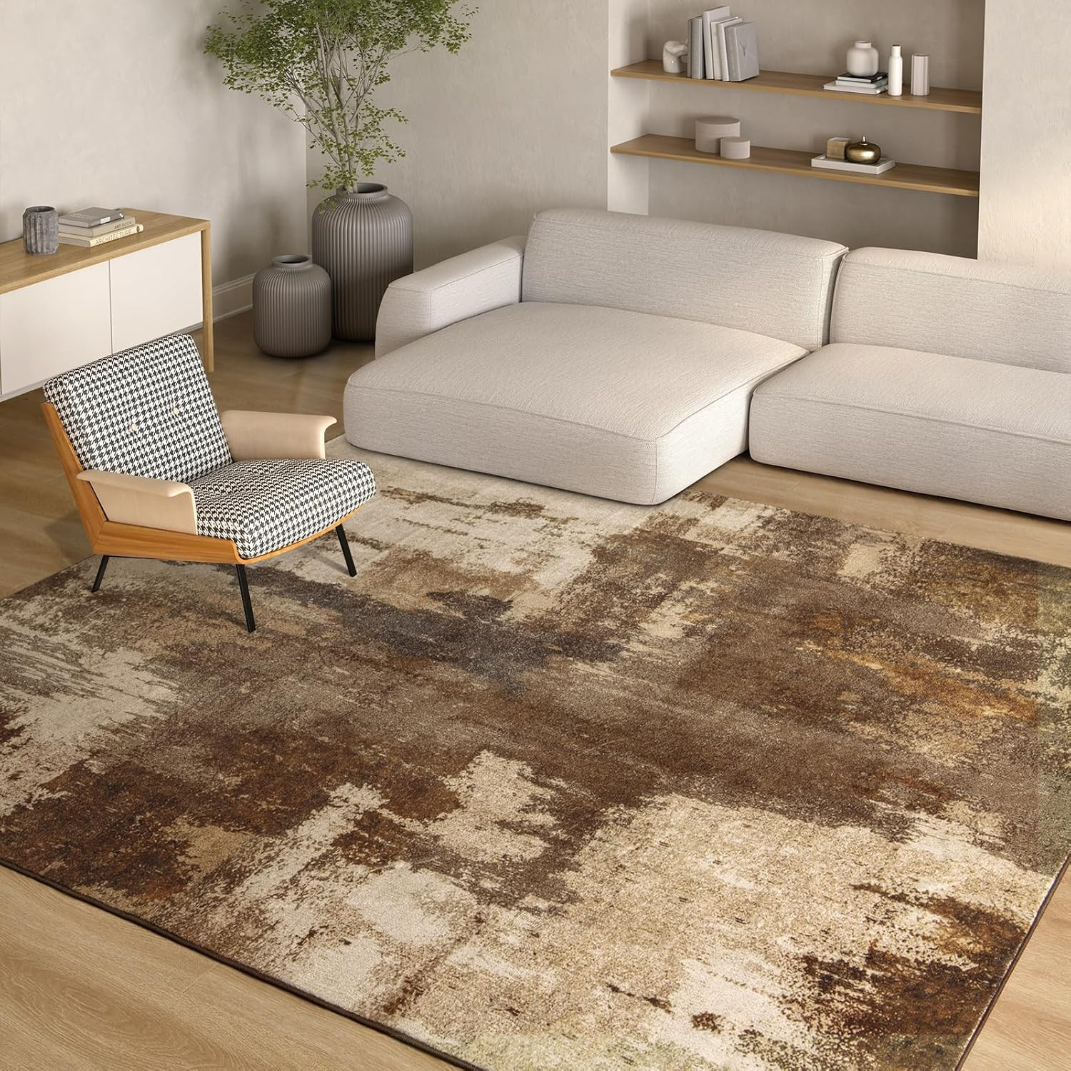 Living Room Rug, 5X7 Rug Modern Abstract Washable Rugs Brown Foldable Faux Wo…