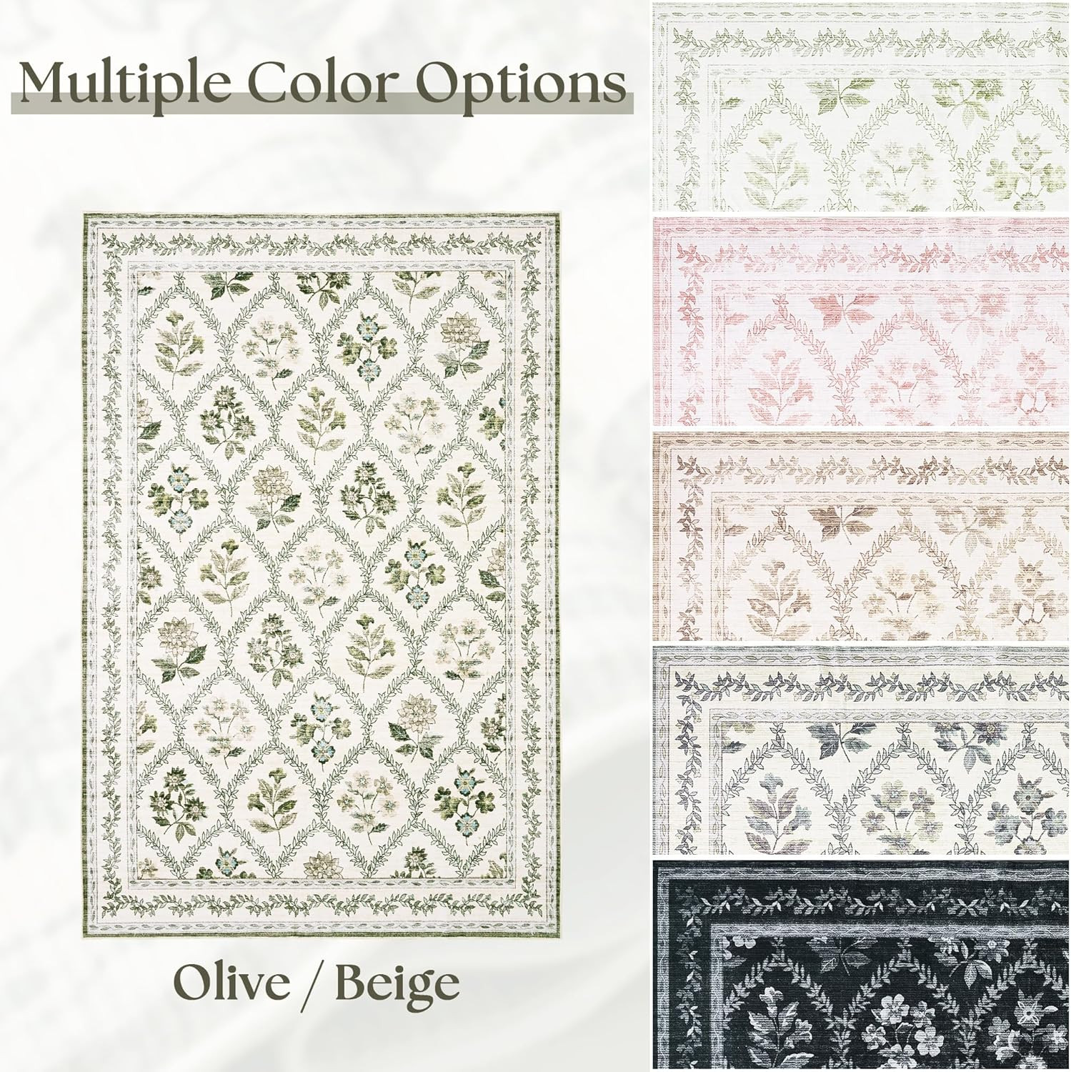 Green Floral Living Room Rug 5X8 Olive Green and Beige Area Rug Washable Bedroom