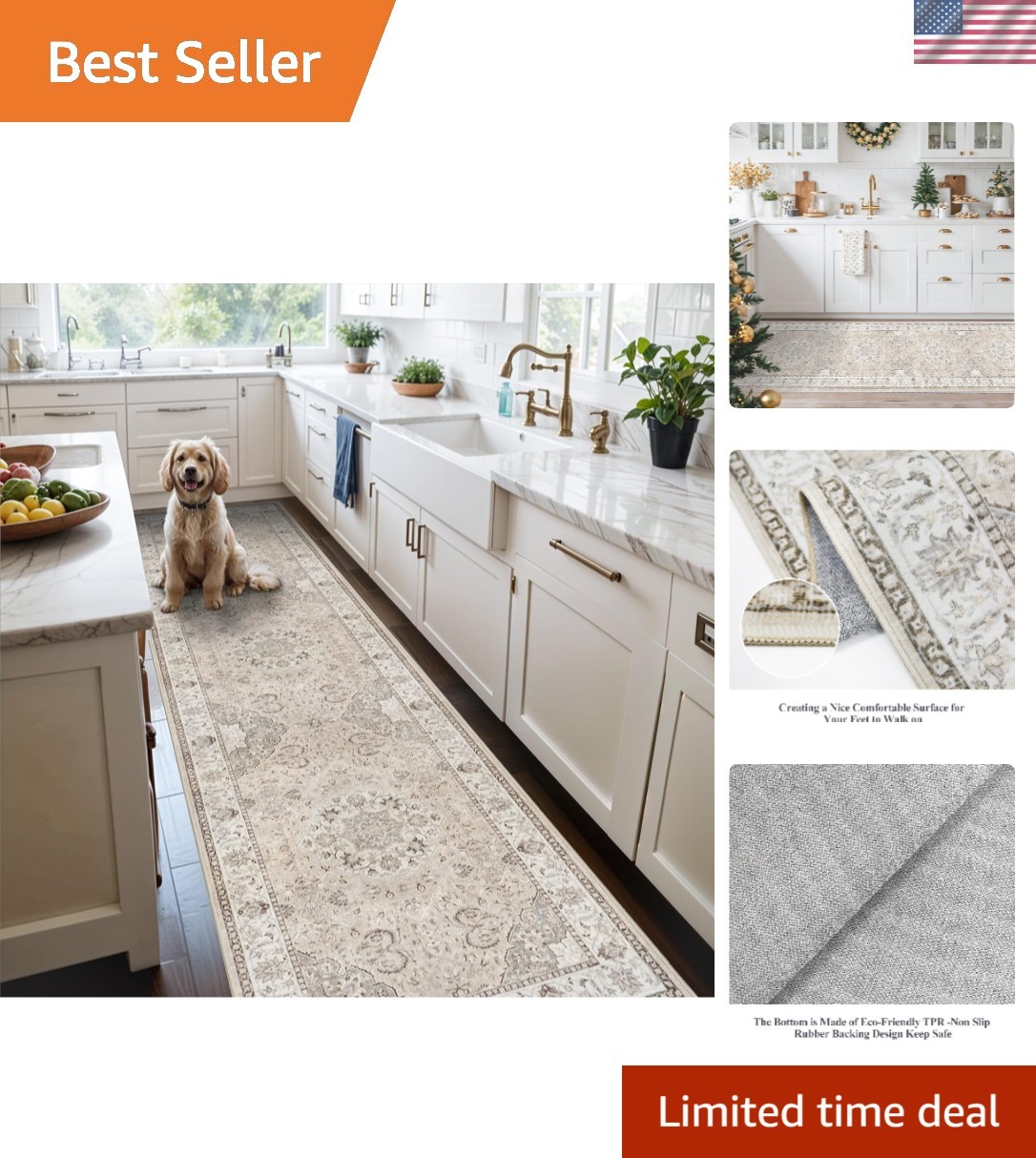 Beige Non-Slip Runner Rug – 2×10 Soft Vintage Indoor Mat for All Spaces