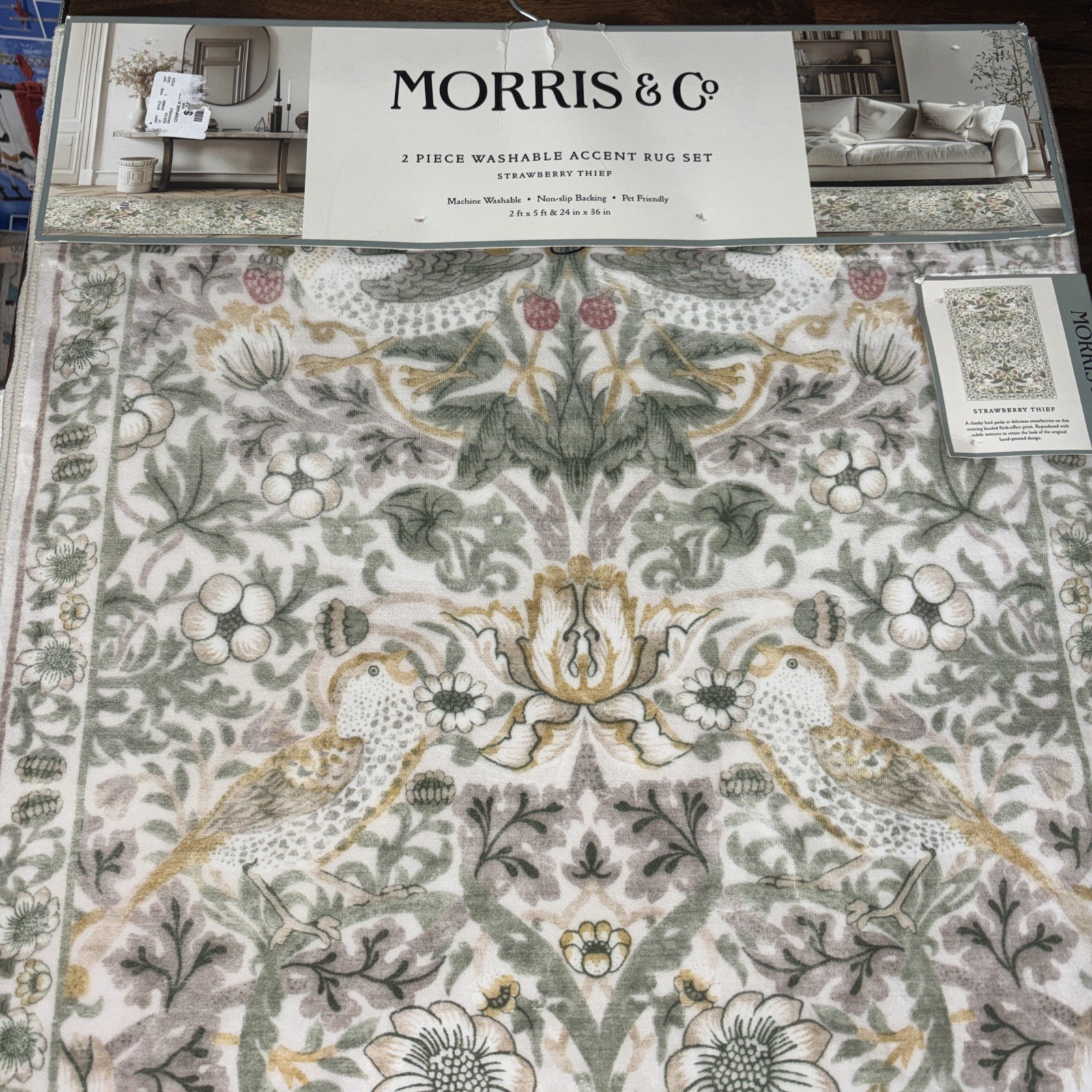 Morris & Co. 2 Pc Non-Slip Washable Accent Rug Strawberry Thief 2’x5’ & 24”x 36”