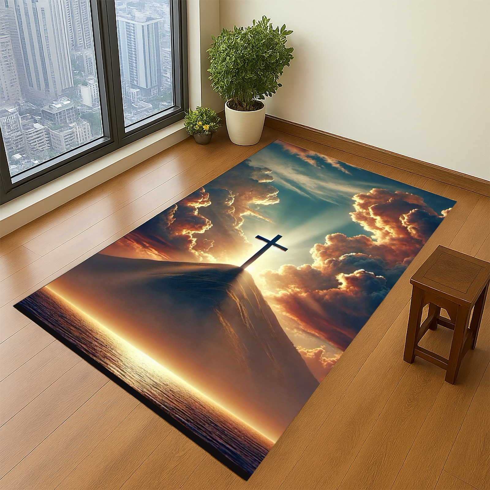 Christian Prayer Rug with Cross, Spiritual Rug, Christian Prayer Mat,