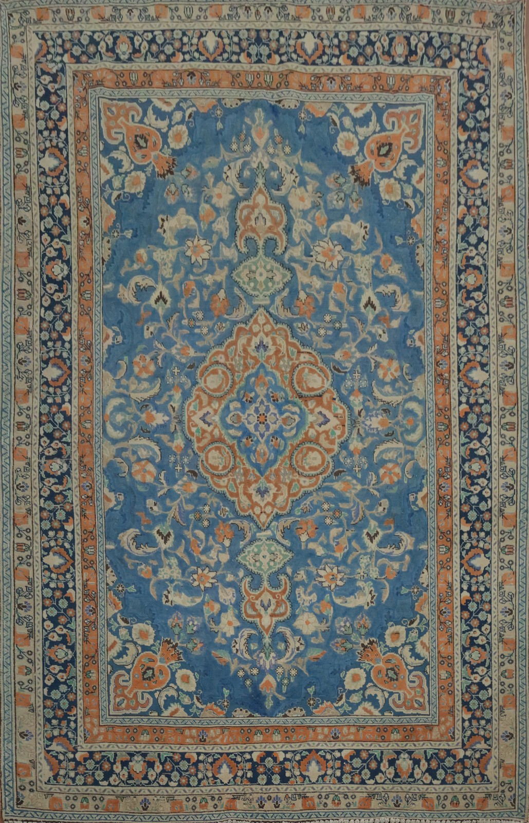 Blue/ Orange Traditional Area Rug 7×9 Vintage Hand-knotted Wool Over-dyed