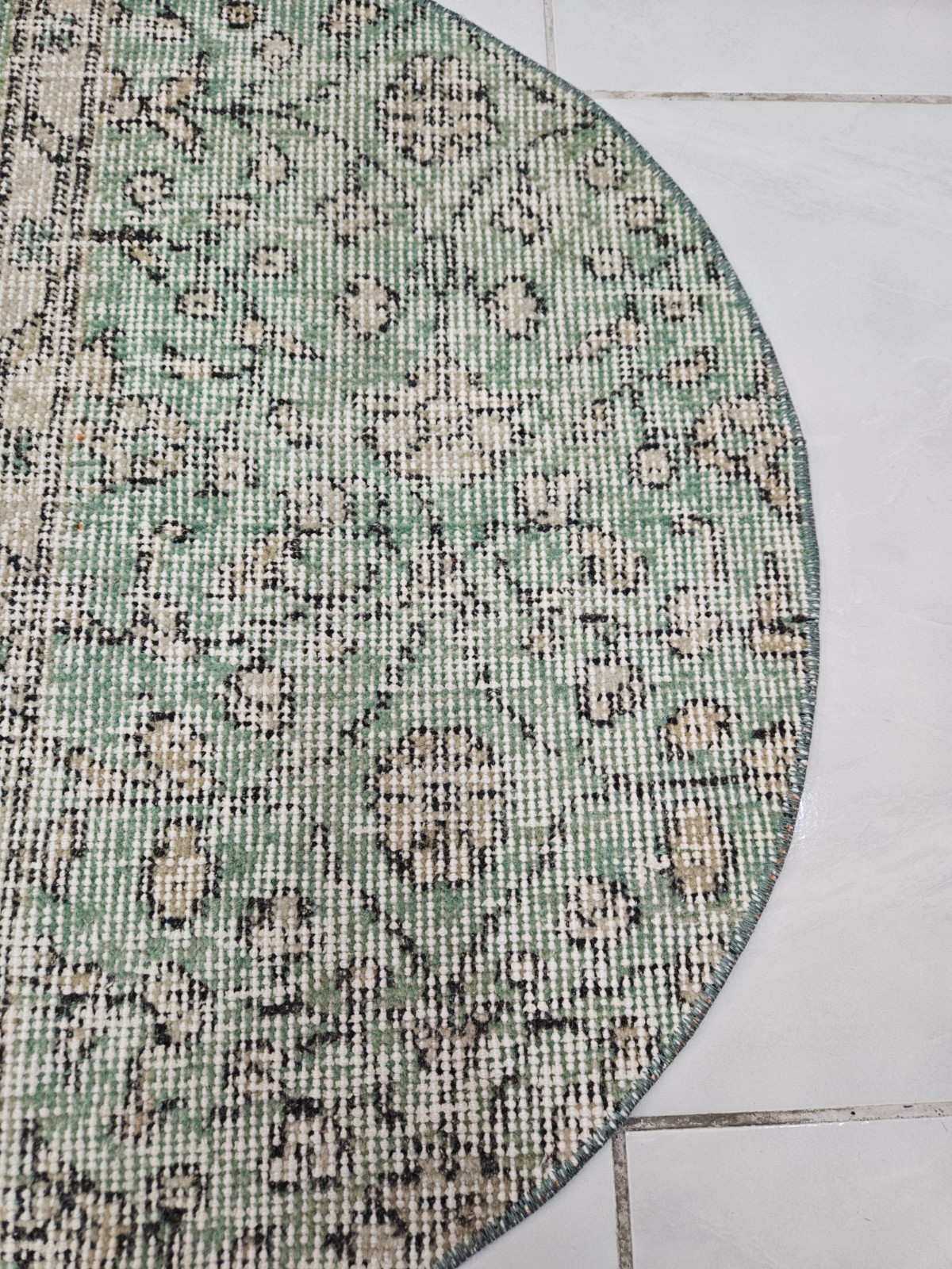 2 x 2 ft Vintage Small Round Turkish Rug, Handwoven Floral Green and Beige Rug