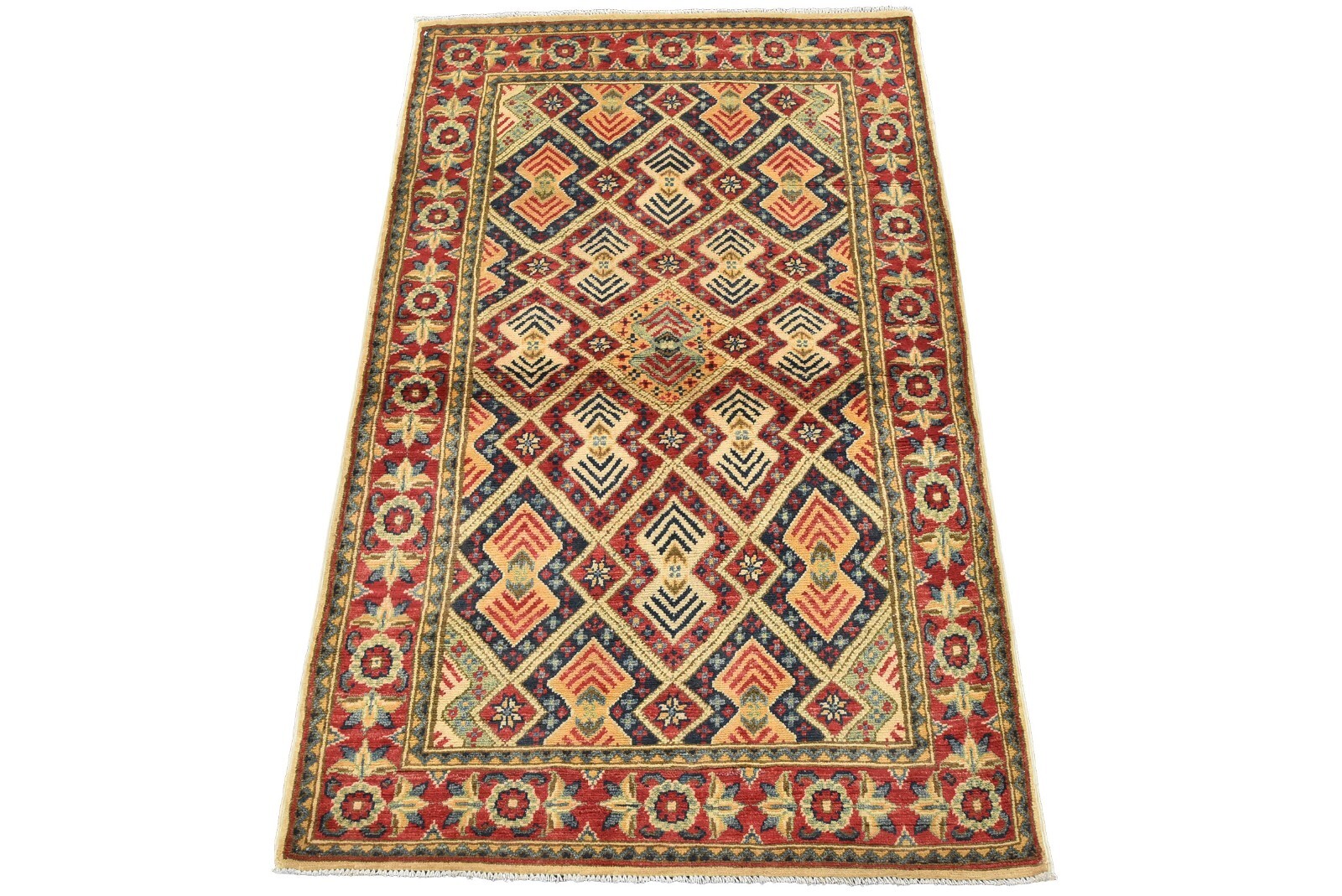 Kazak Rug 3’4” x 5’3” Red Wool Tribal Geometric Hand-Knotted Oriental Carpet
