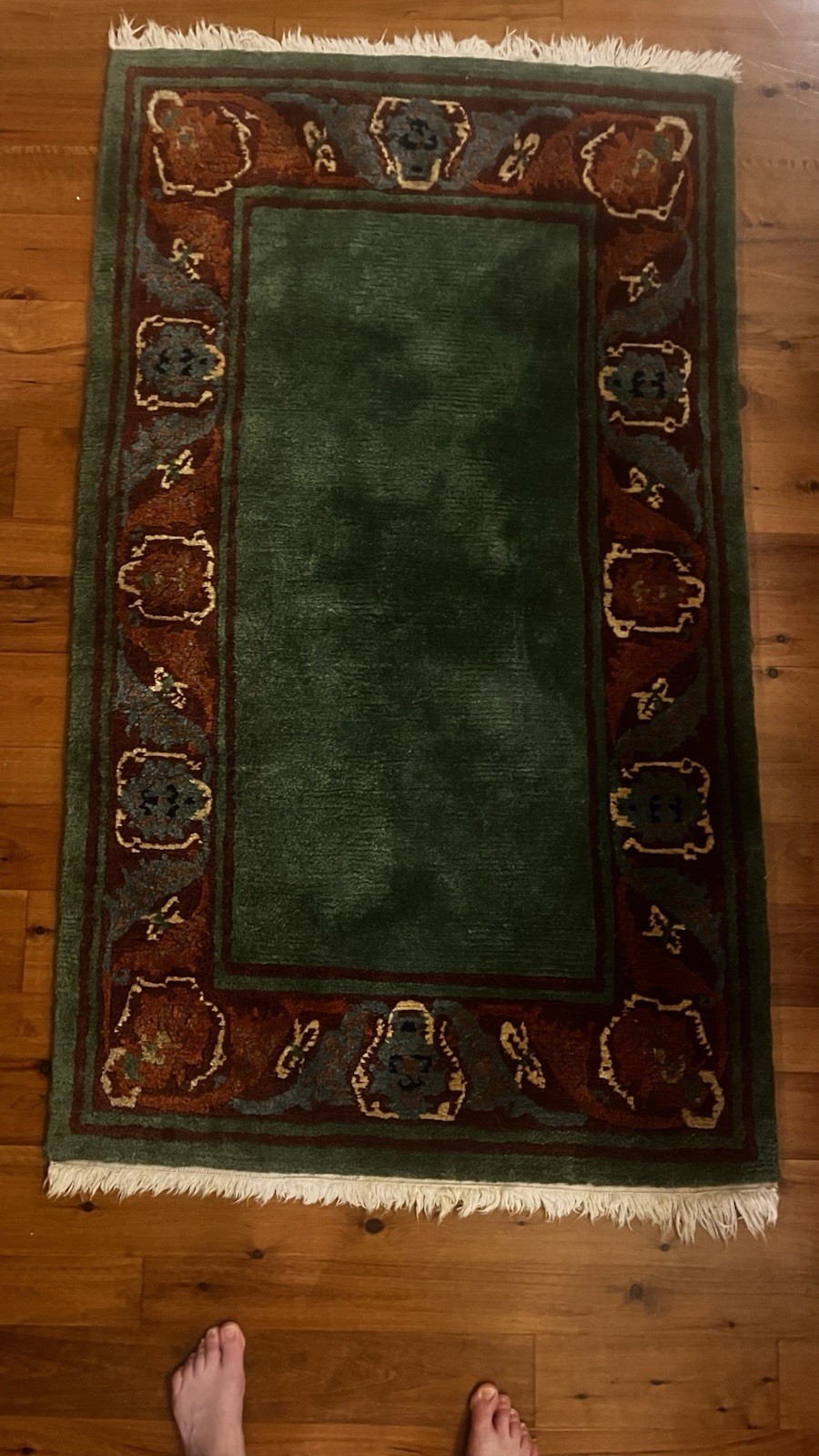 Tufenkian Classics Hand-Knotted Wool Rug 5’2” x 3’-Green & Red–Made in Nepal