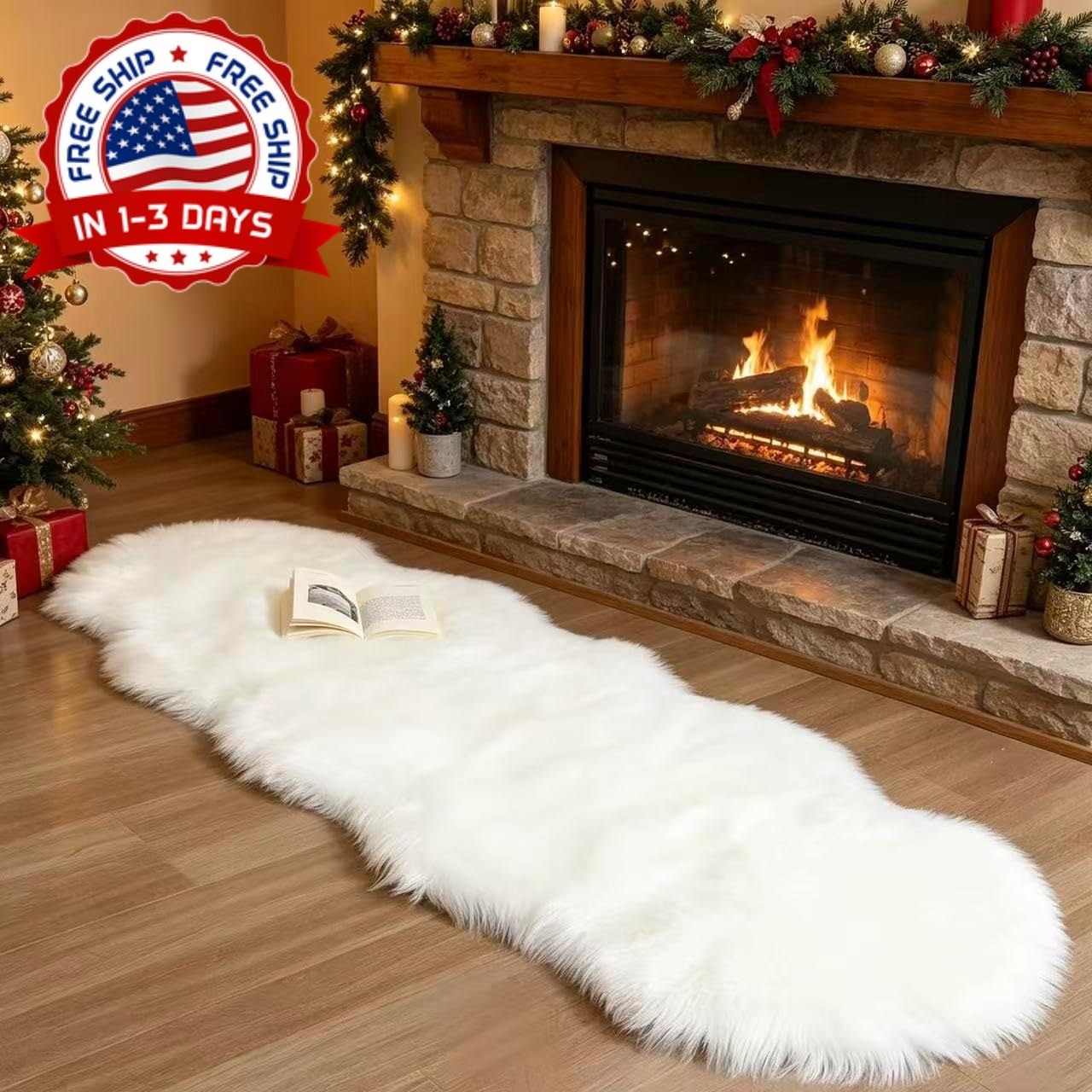 Alfombra Piel Sintetica Borrego Blanca 2X6 Pies Peluda Suave Dormitorio Sala