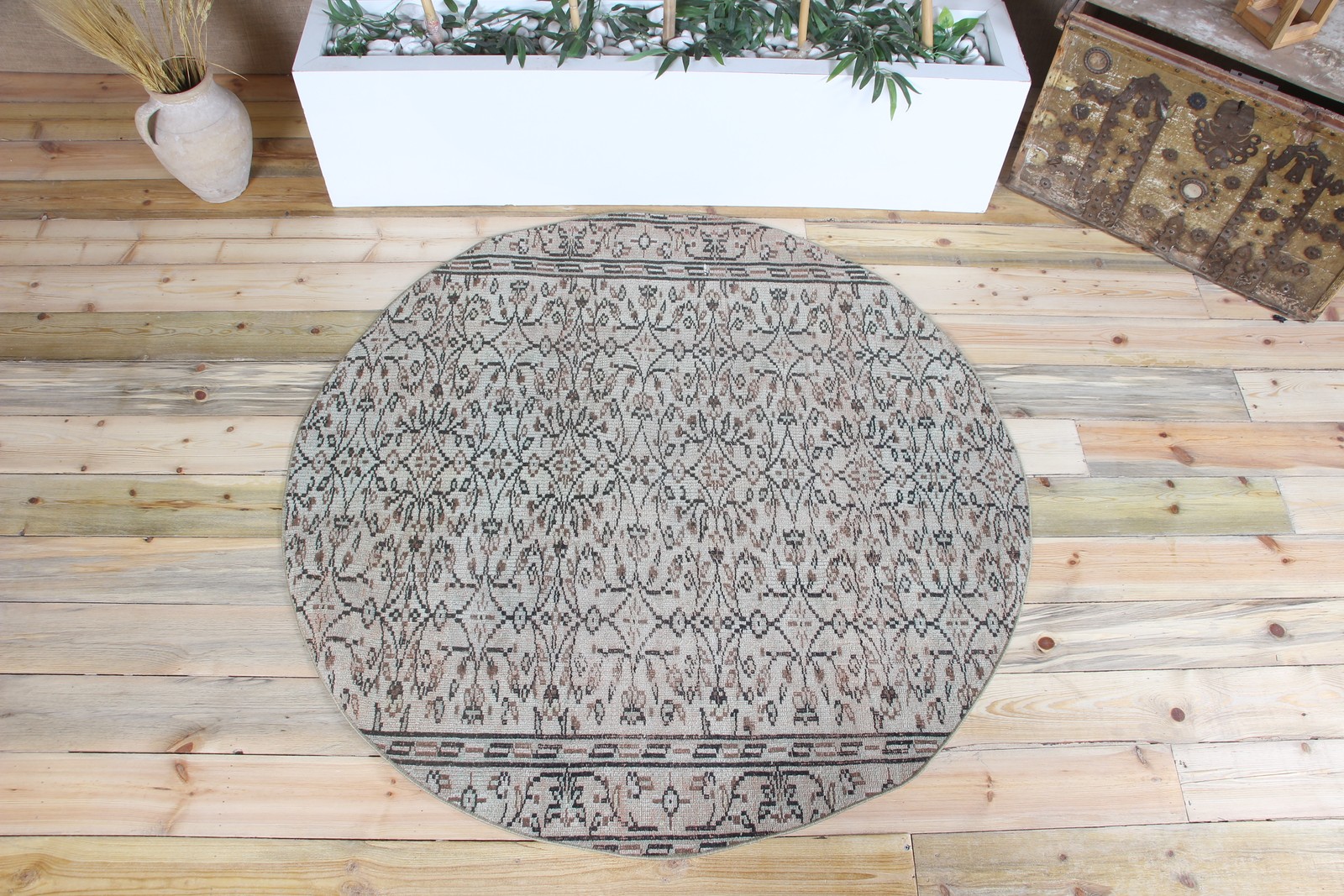 4,9×4,9 ft Turkish Rug, Vintage Round Rug, Green Brown Floral Rug