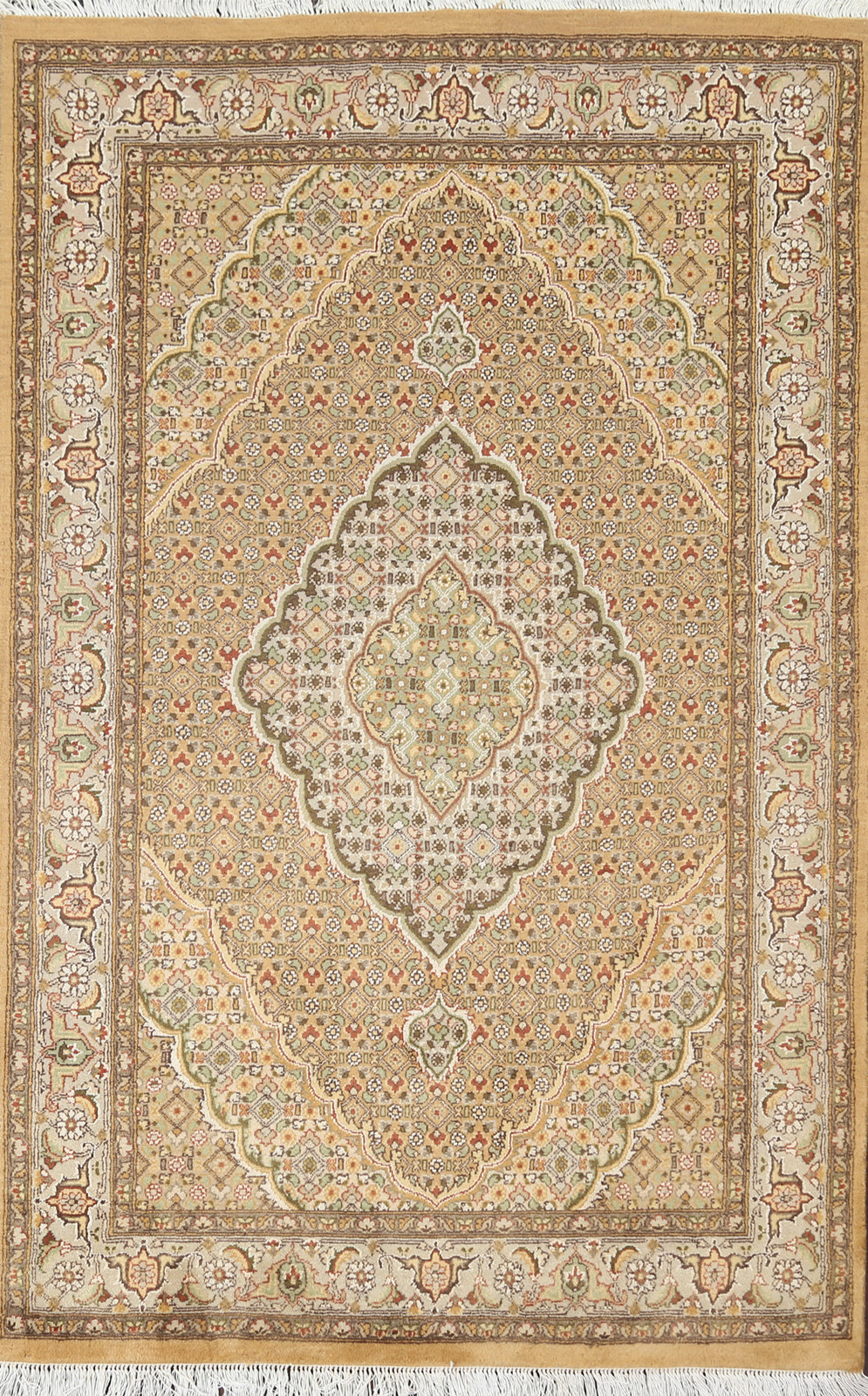 Vegetable Dye Traditional Wool/ Silk Oriental Rug 4×6 Ft Geometric Gold Carpet